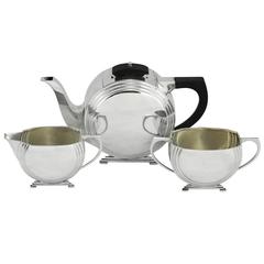 Used Early 20th Century Art Deco Sterling Silver Tea Set with Ebony Finial and Handle