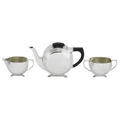 Early 20th Century Art Deco Sterling Silver Tea Set with Ebony Finial and Handle