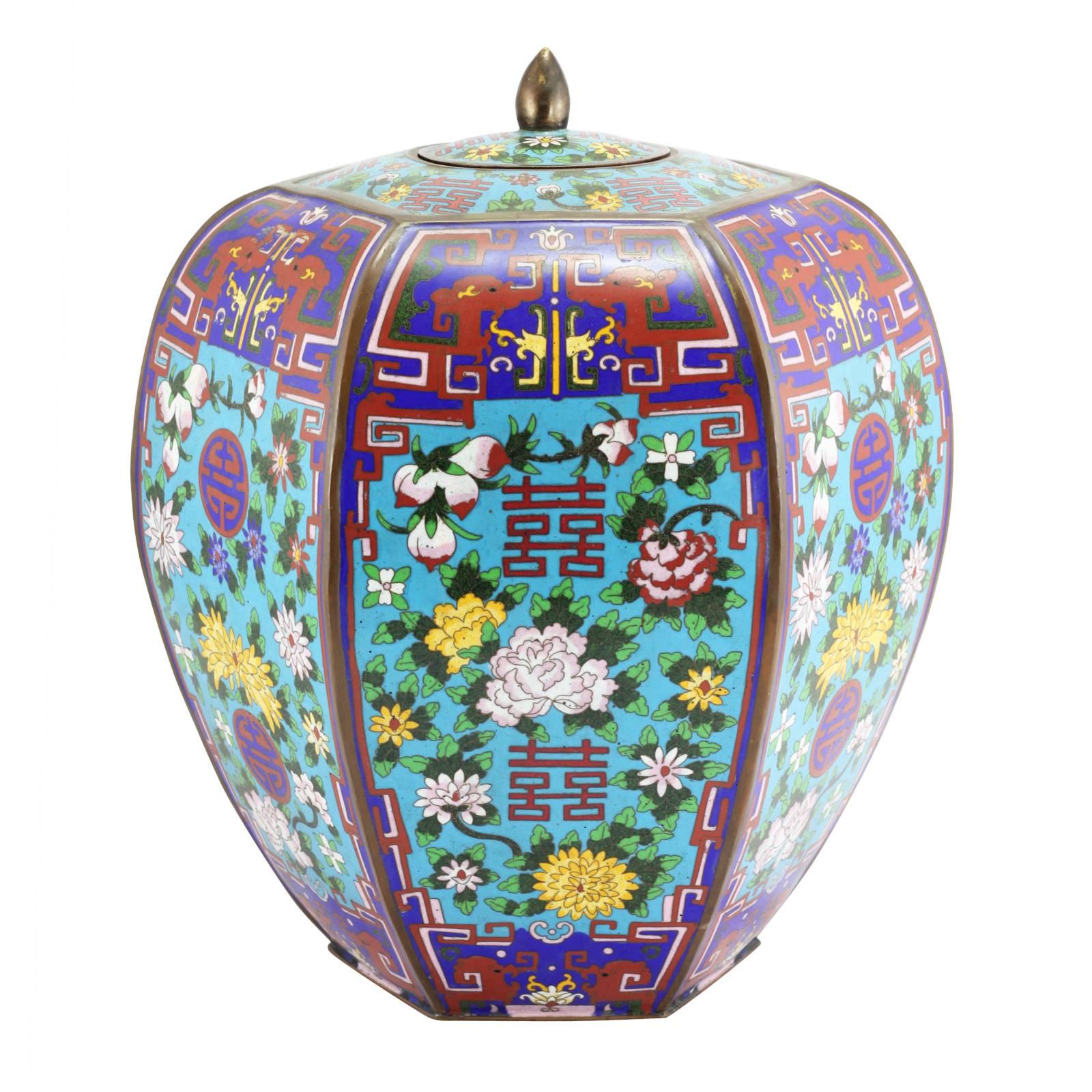 Modern Pair of Large Chinese Cloisonne Enamel Lidded Jars For Sale