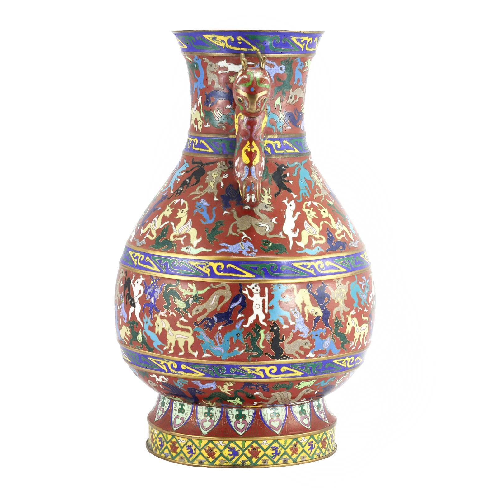 Meiji Pair of Chinese Cloisonne Vases with Handles For Sale
