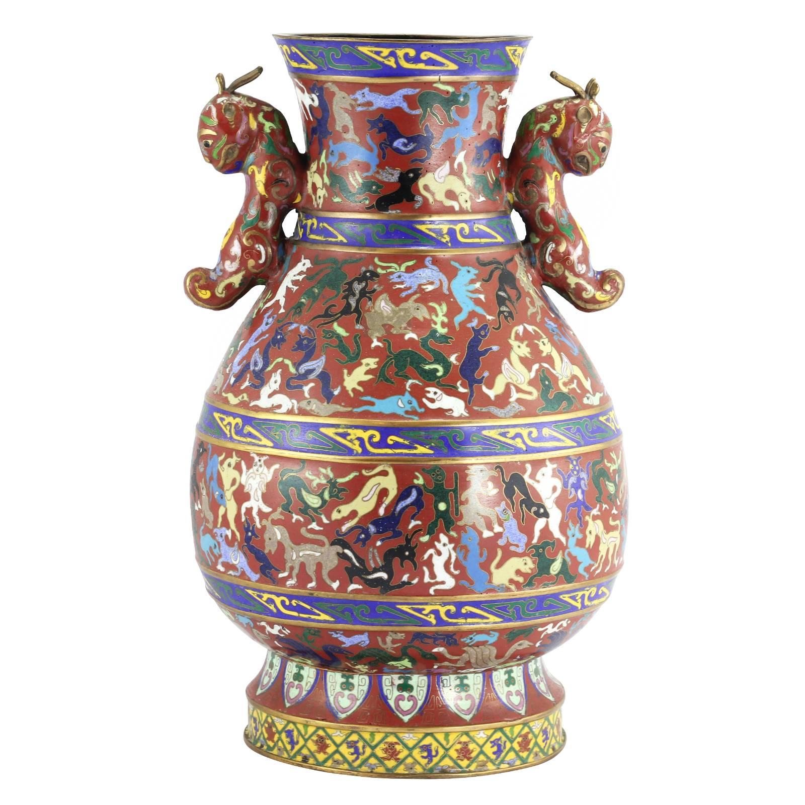 Cloissoné Pair of Chinese Cloisonne Vases with Handles For Sale