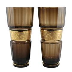 Pair of Monumental Faceted and Gilt Bohemian Glass Vases by Moser Glassworks