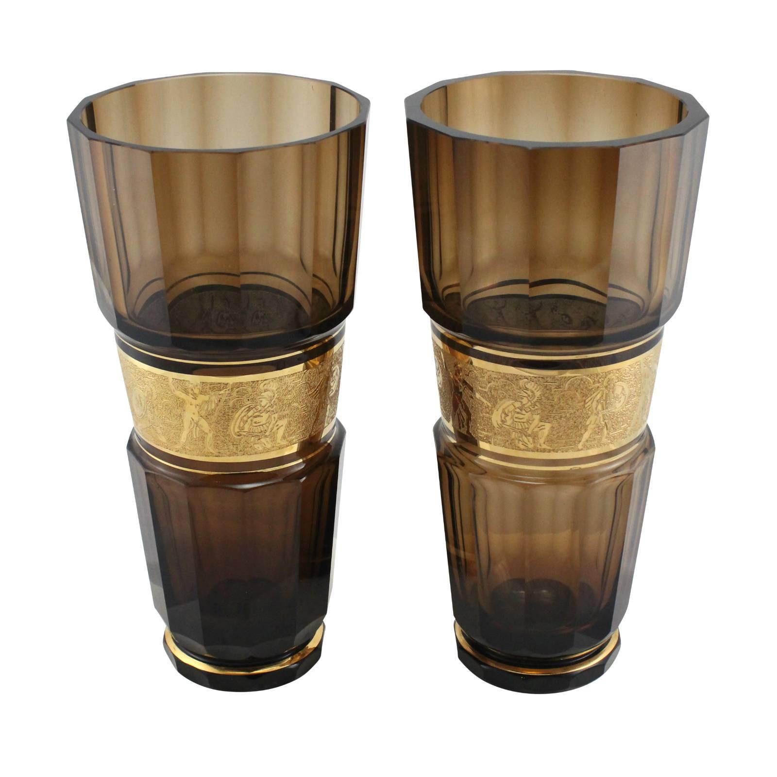 20th Century Pair of Monumental Faceted and Gilt Bohemian Glass Vases by Moser Glassworks For Sale