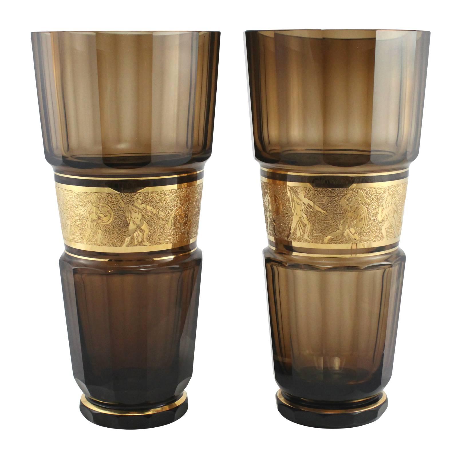 Art Deco Pair of Monumental Faceted and Gilt Bohemian Glass Vases by Moser Glassworks For Sale