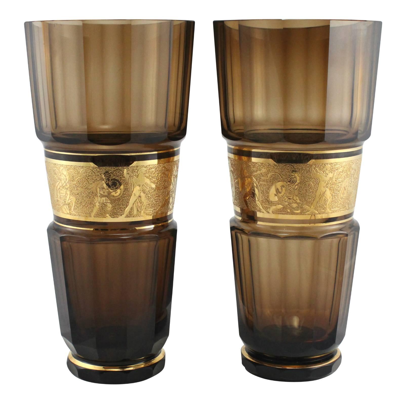 Czech Pair of Monumental Faceted and Gilt Bohemian Glass Vases by Moser Glassworks For Sale