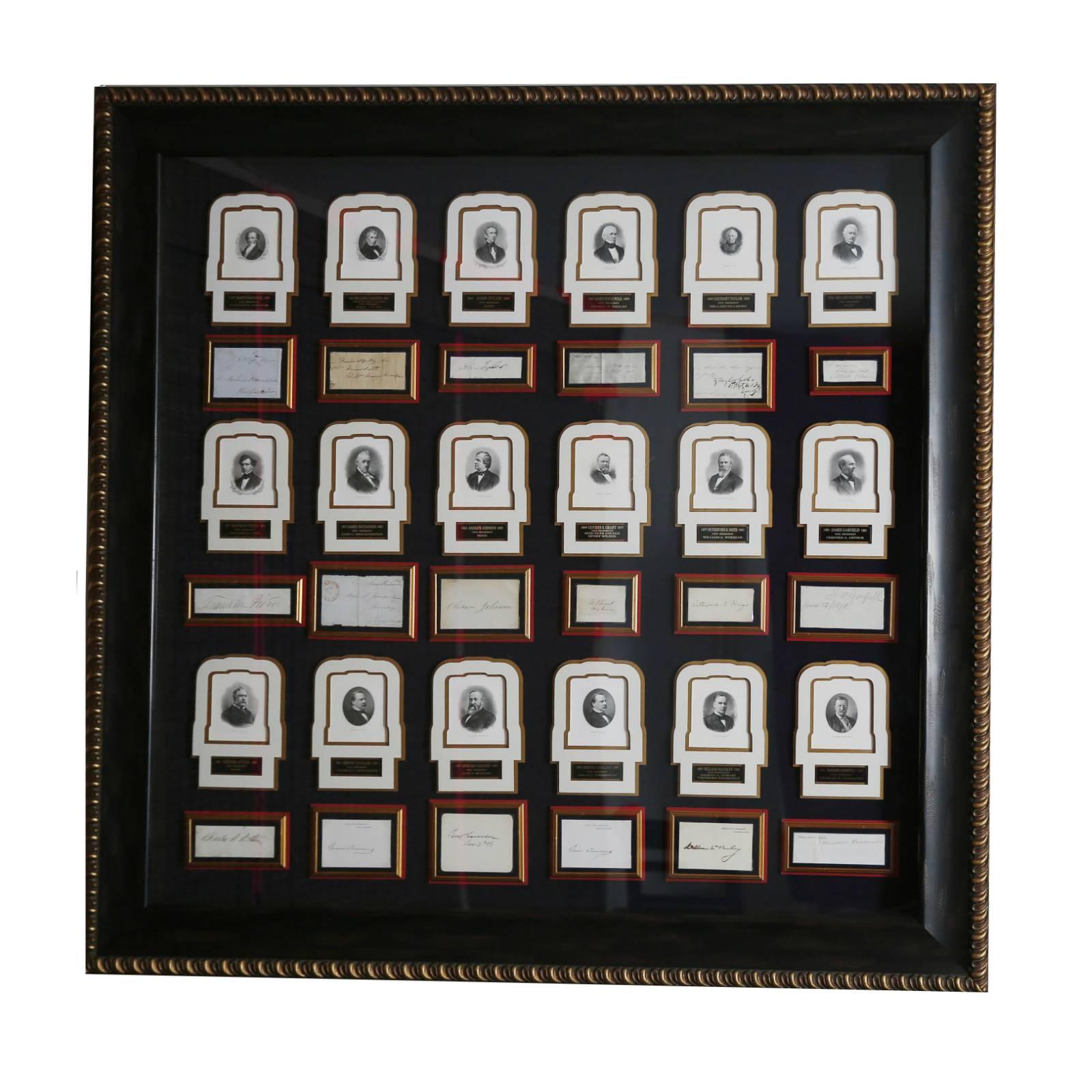 Complete collection of signatures of the 44 presidents of the United States of America, from George Washington to Barack Obama. The three hanging frames each contain a photograph and an authenticated sample of each Presidents signature. This series