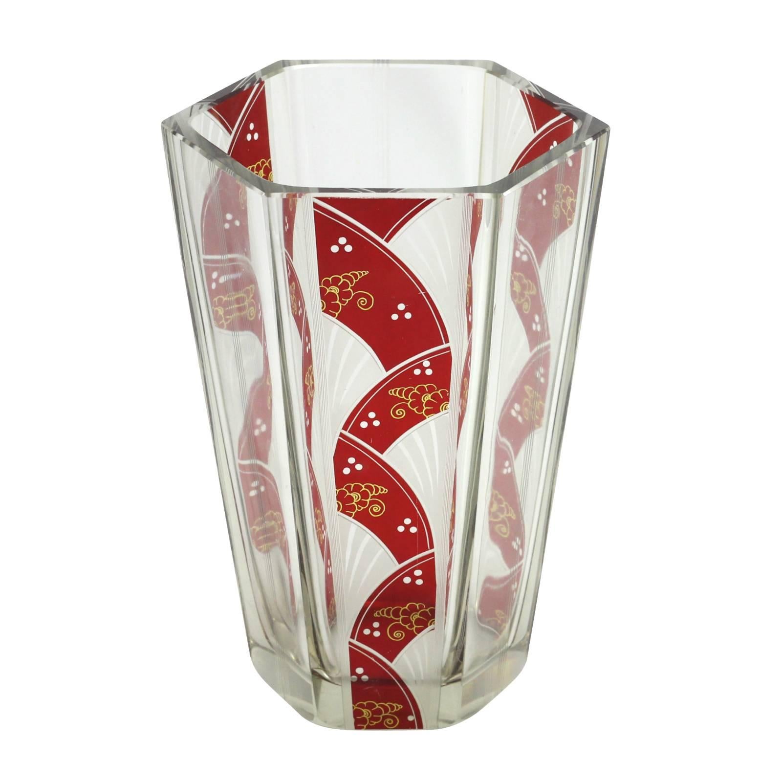 Early 20th Century Karl Palda Hexagonal Art Deco Enameled Bohemian Glass Vase In Excellent Condition For Sale In Brisbane, Queensland