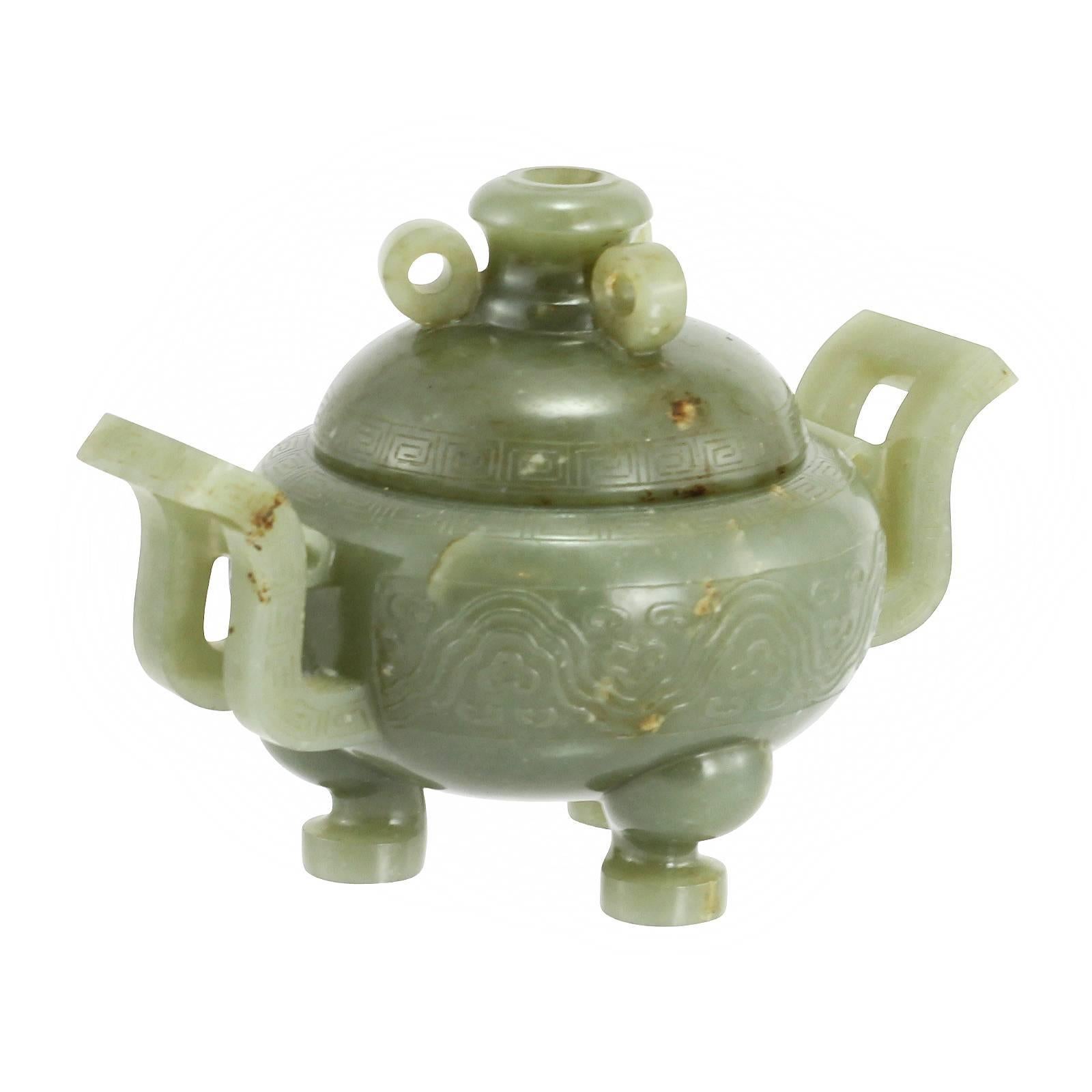 This Chinese censer, carved from jade, was made in the Republic period, sometime in the early 20th century.
Censers have been in use in China for centuries with the first censer designed for burning incense made as early as 700 BC. In addition to