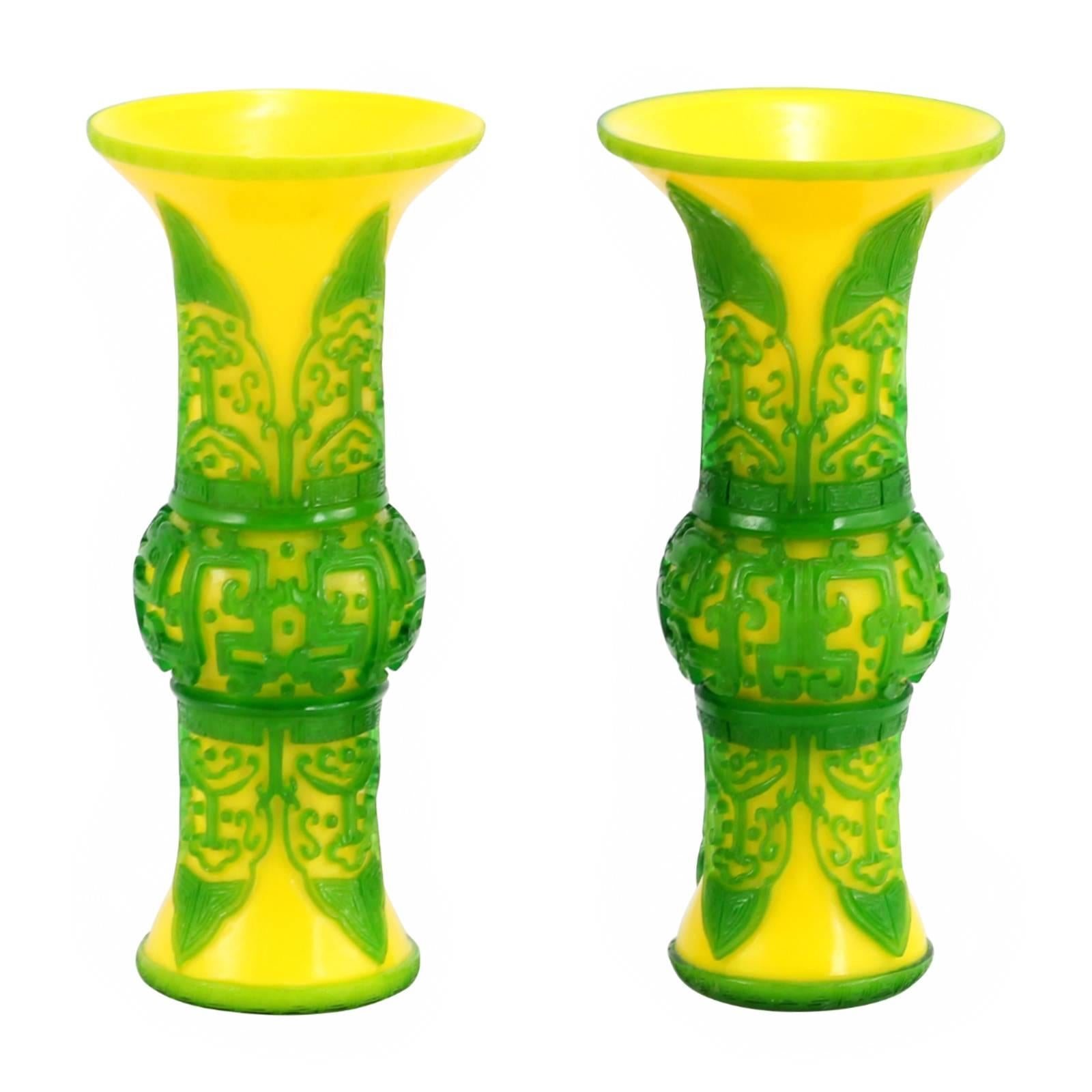 Pair of Yellow Peking Glass Vases with Green Overlay For Sale