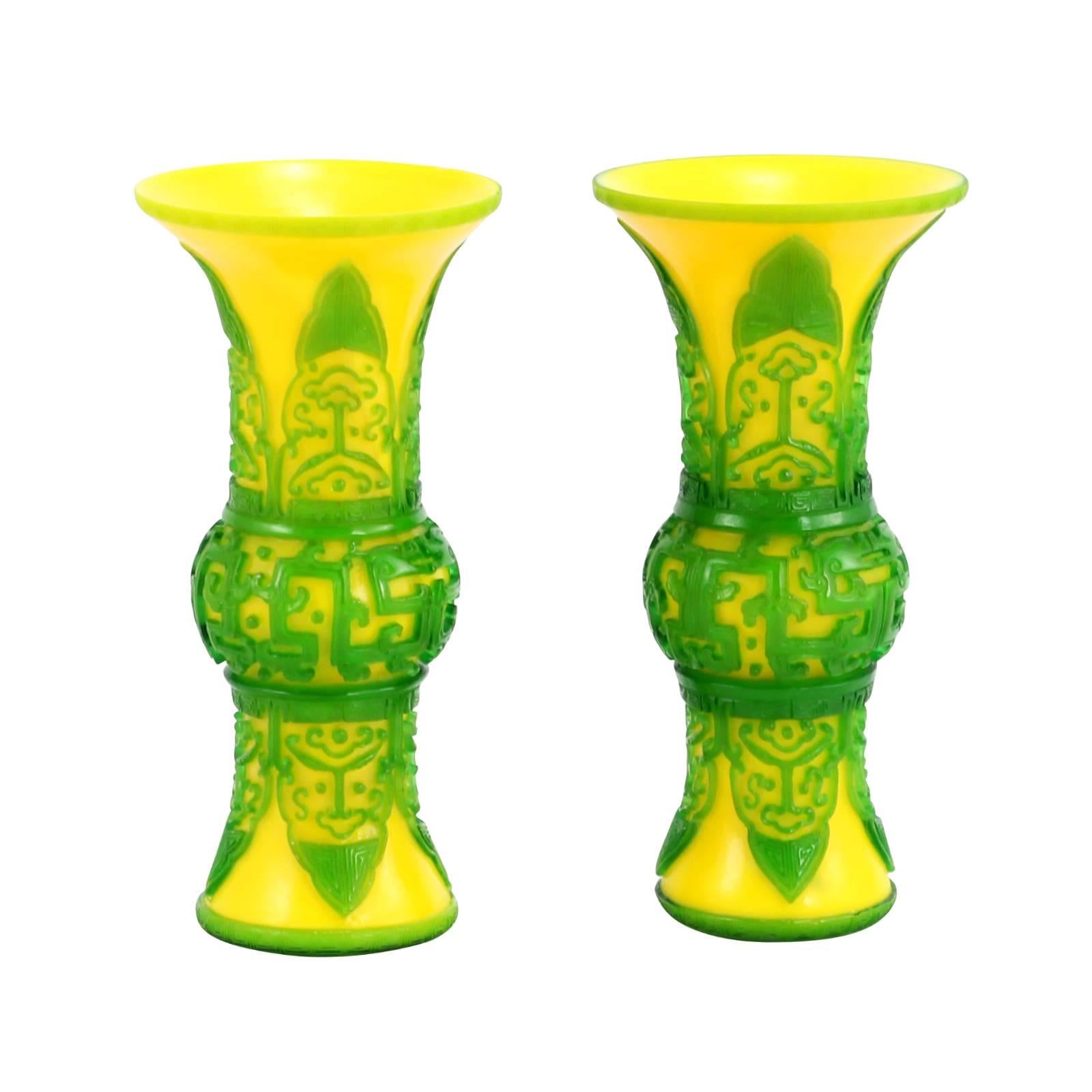 Chinese Pair of Yellow Peking Glass Vases with Green Overlay For Sale