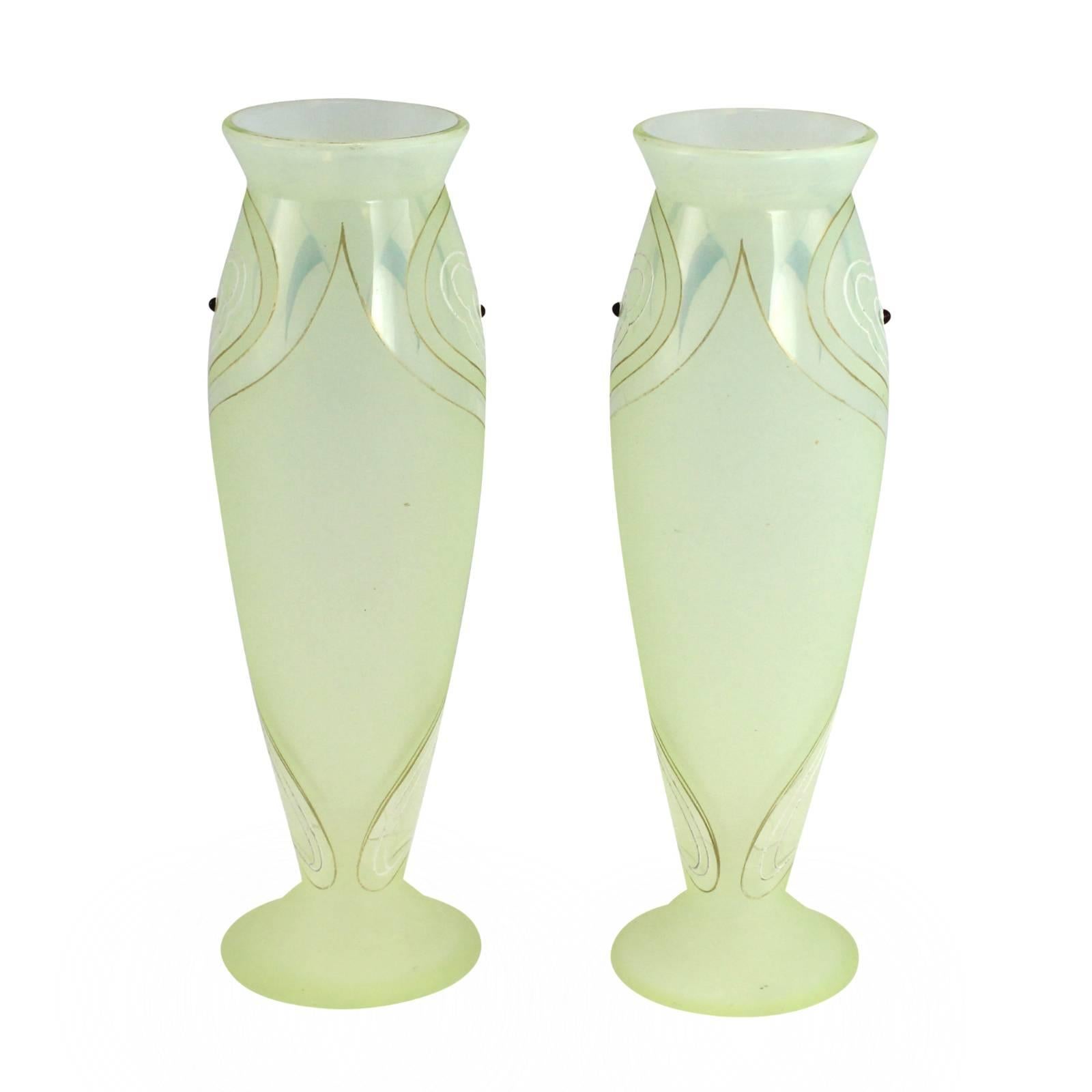 Austrian Pair of Art Nouveau Uranium Glass Vases by Joseph Riedel