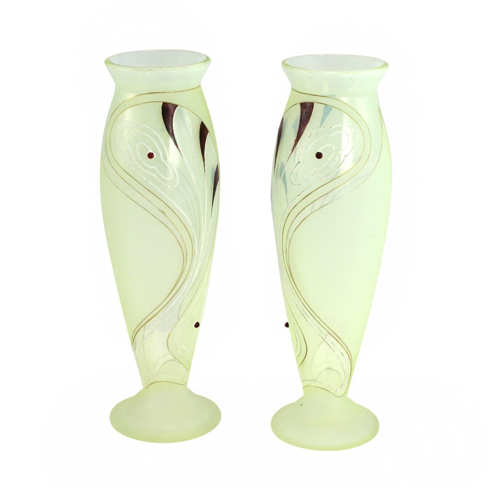 Pair of Art Nouveau Uranium Glass Vases by Joseph Riedel In Excellent Condition In Brisbane, Queensland