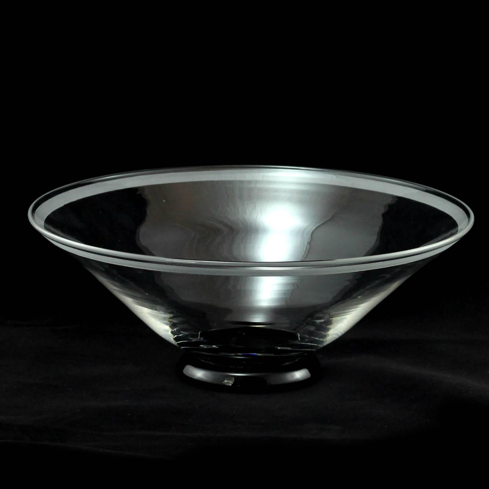A rare signed art deco glass bowl, with frost edge and black foot by designer Keith Murray.
