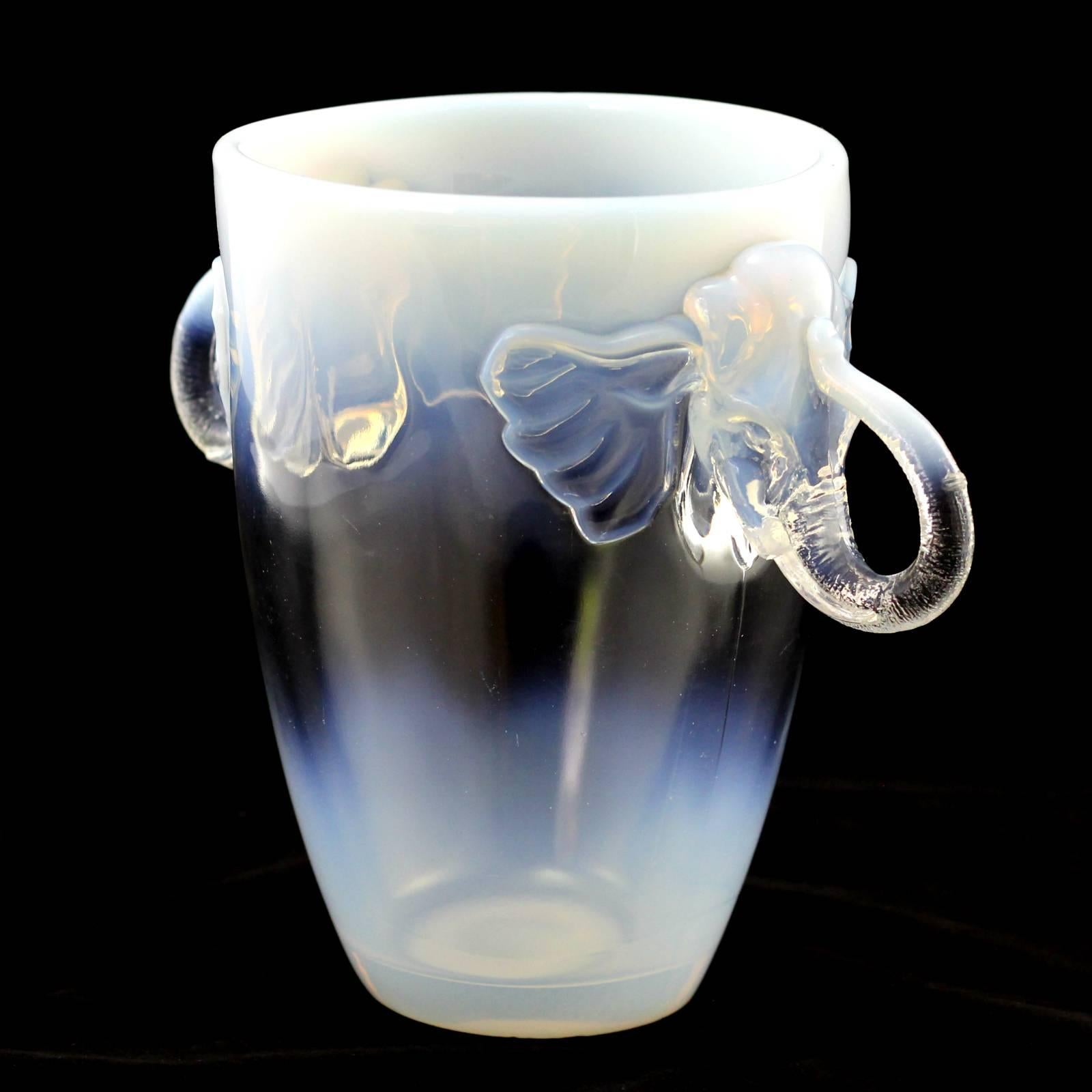 Czech Art Deco Opalescent Glass Vase with Elephant Head Handles by Barolac For Sale