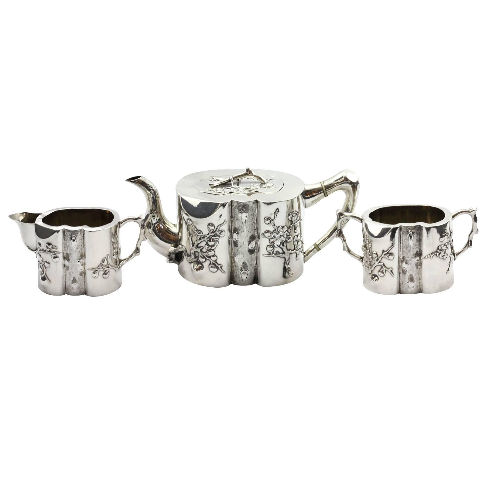 Hong Kong Rare Late 19th Century Wang Hing Three-Piece Chinese Export Coin Silver Tea Set