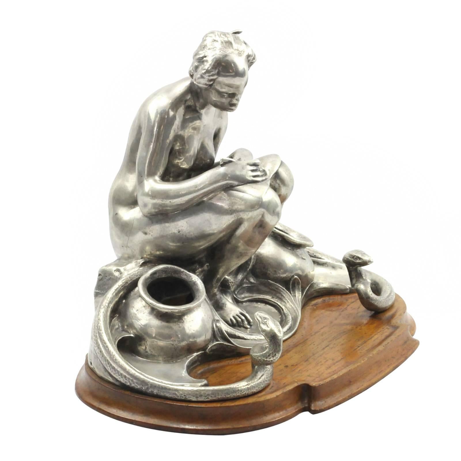 French Art Nouveau .800 Continental Silver Figural Inkstand For Sale
