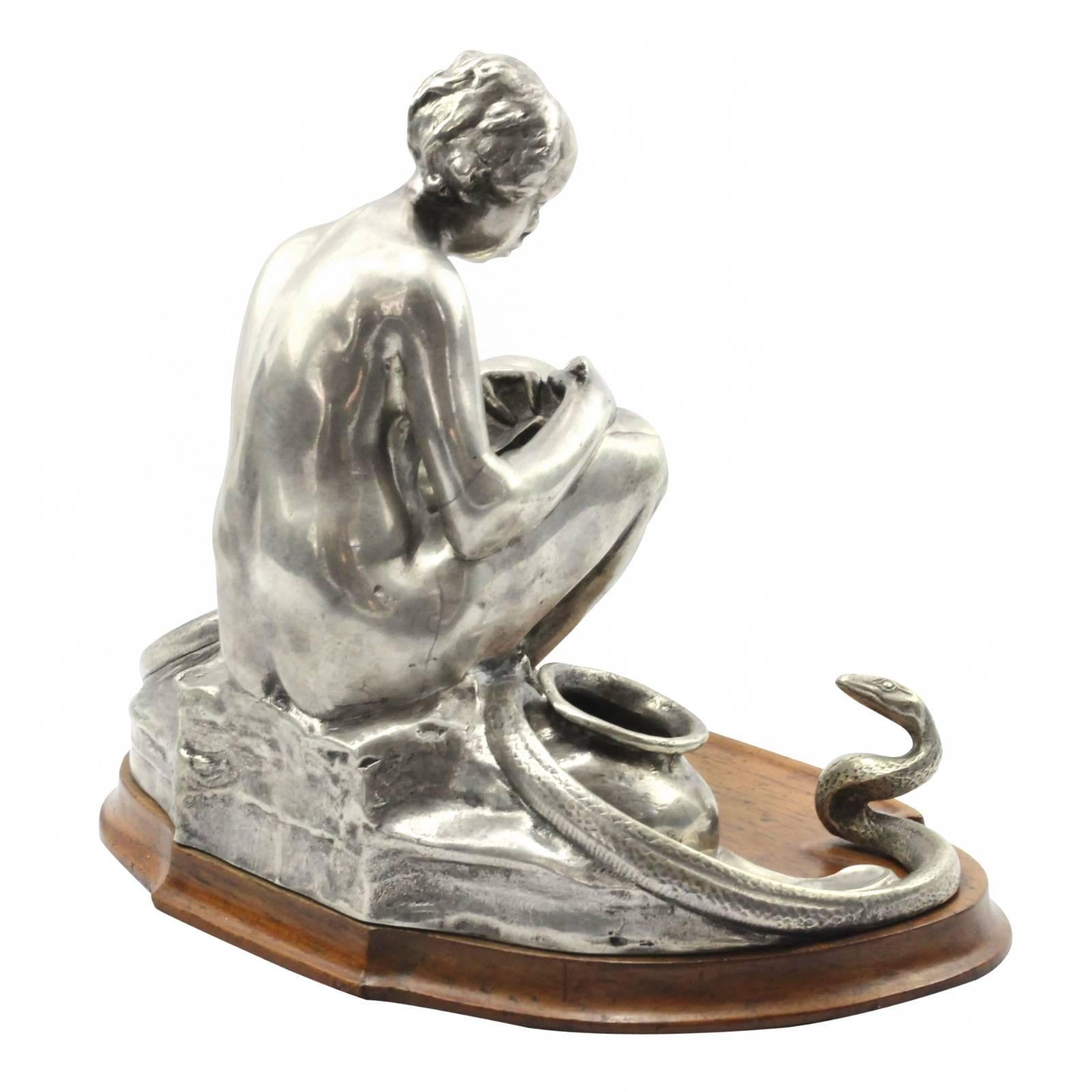 Hand-Crafted Art Nouveau .800 Continental Silver Figural Inkstand For Sale