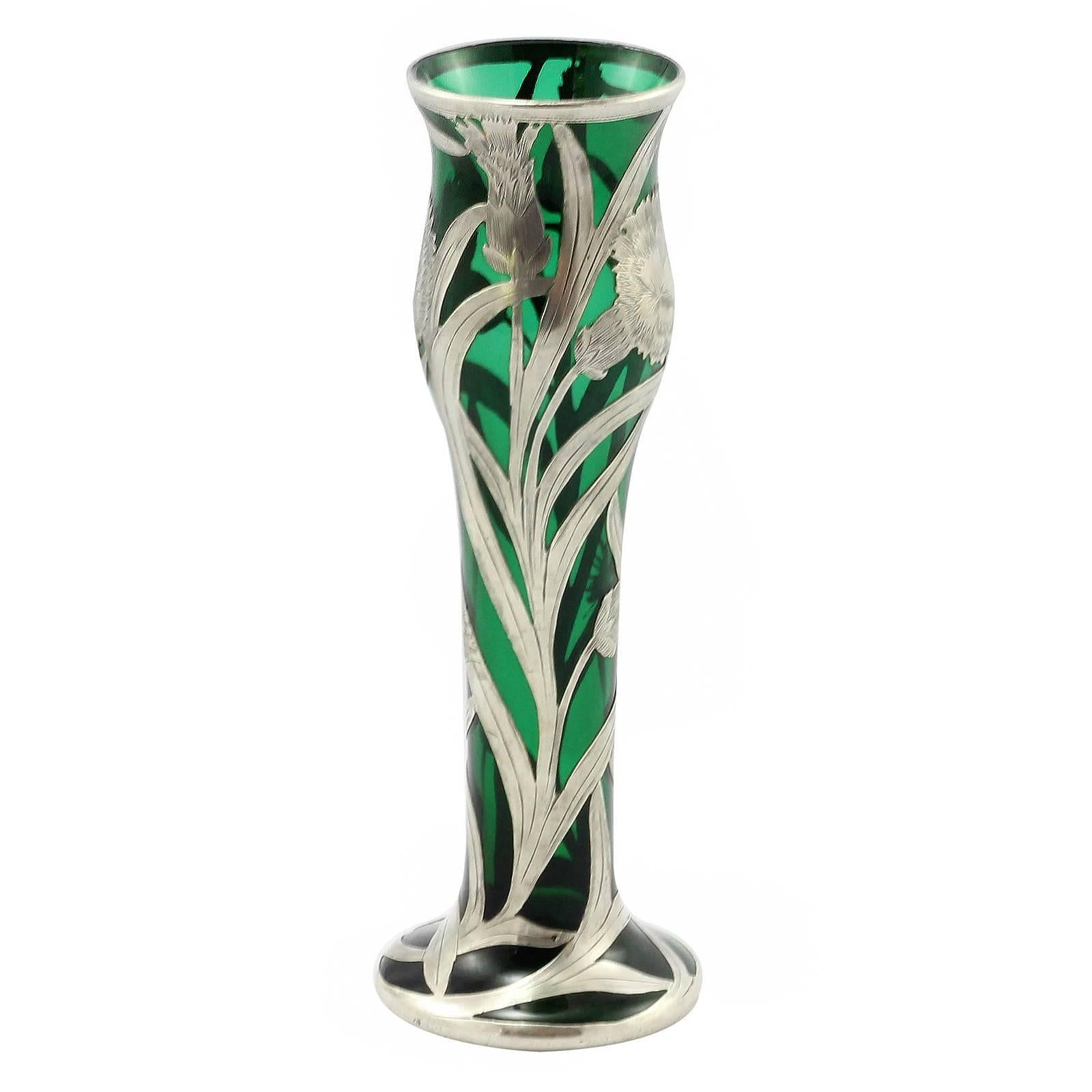 American Art Nouveau Green Glass Vase with Sterling Silver Overlay by Alvin
