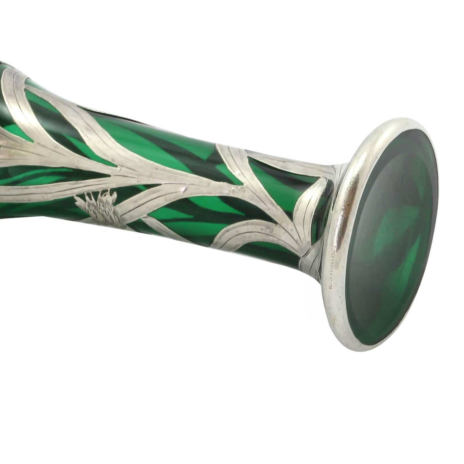 Art Nouveau Green Glass Vase with Sterling Silver Overlay by Alvin In Excellent Condition In Brisbane, Queensland