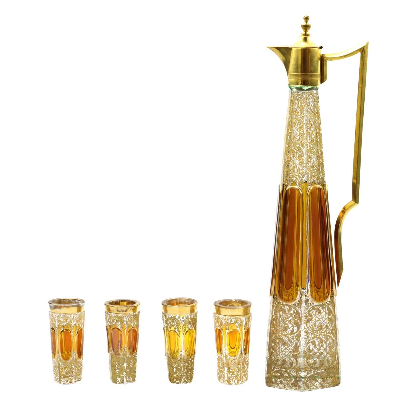 Art Nouveau Five-Piece Enamel Glass Liquor Decanter Set by Moser
