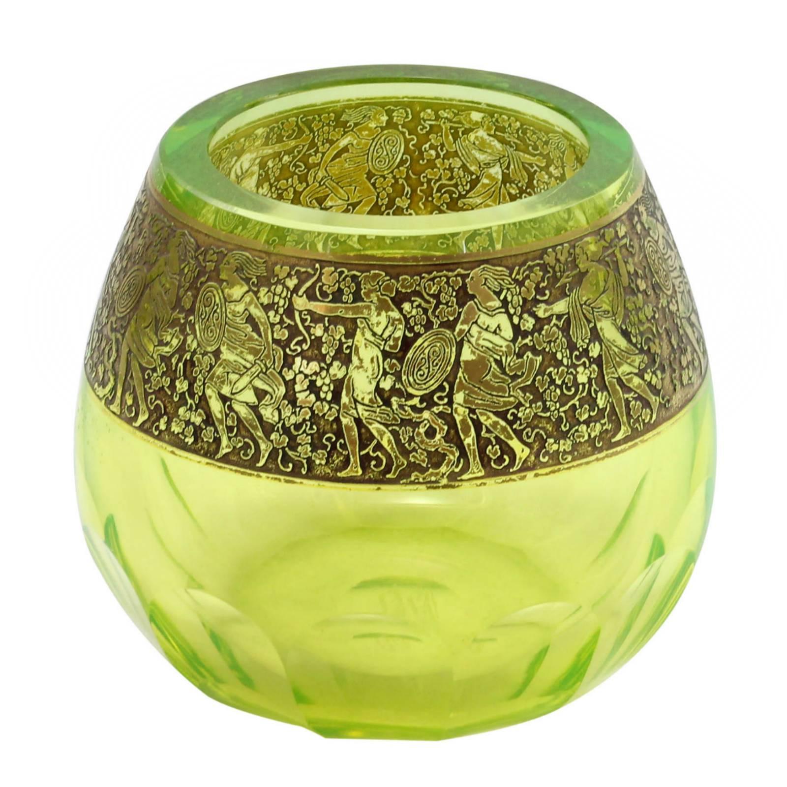 A cut uranium glass vase with Neoclassical style gold frieze by Moser Glassworks. The base of the vase is marked "Made in Czechoslovakia" "Moser" "Karlsbad".