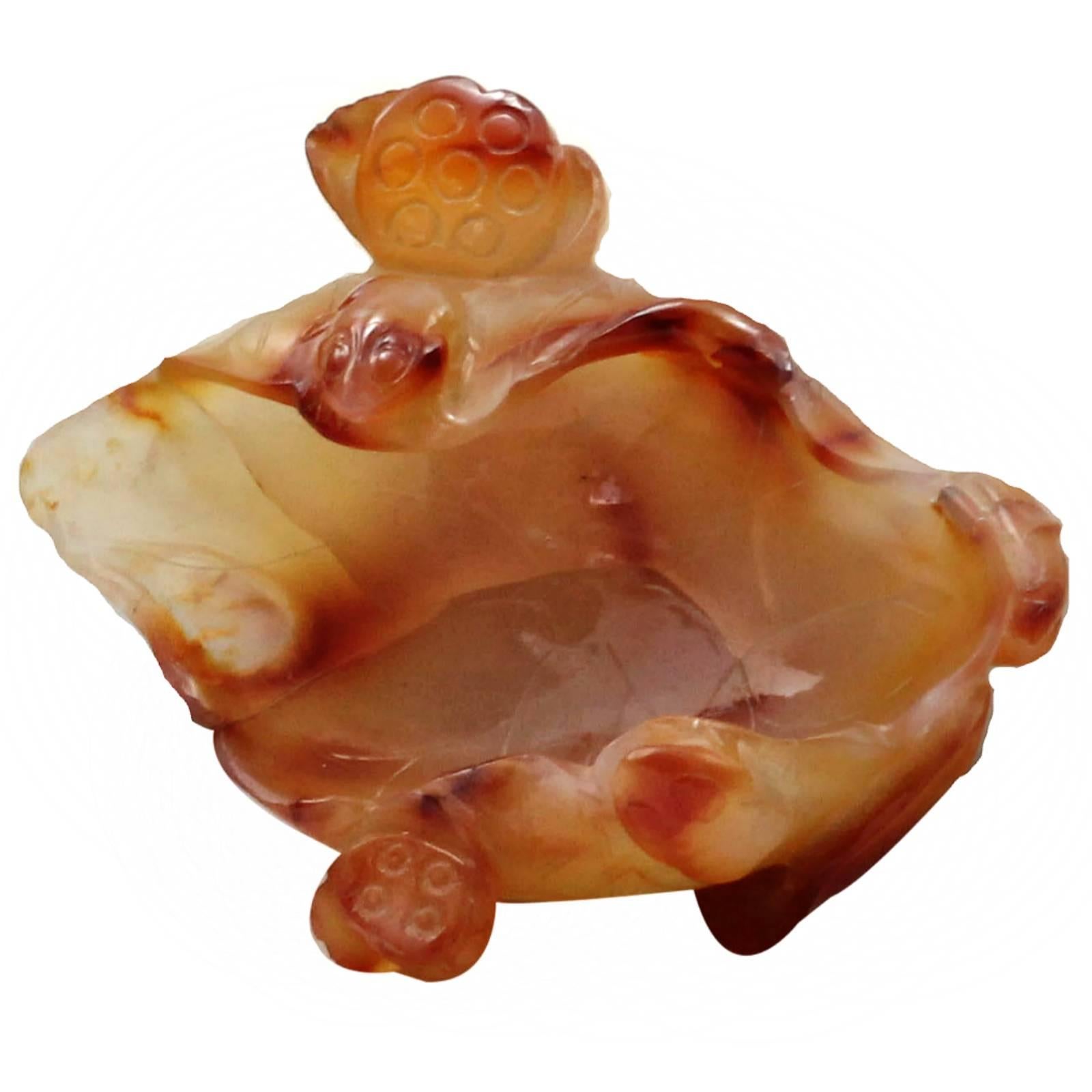 A 19th Century Chinese Qing Dynasty carved agate brush washer. The agate displays a range of colours from red and brown to a translucent white. it is decorated with a pair of frogs, a pair of lotus flowers, whilst the interior of the piece is etched