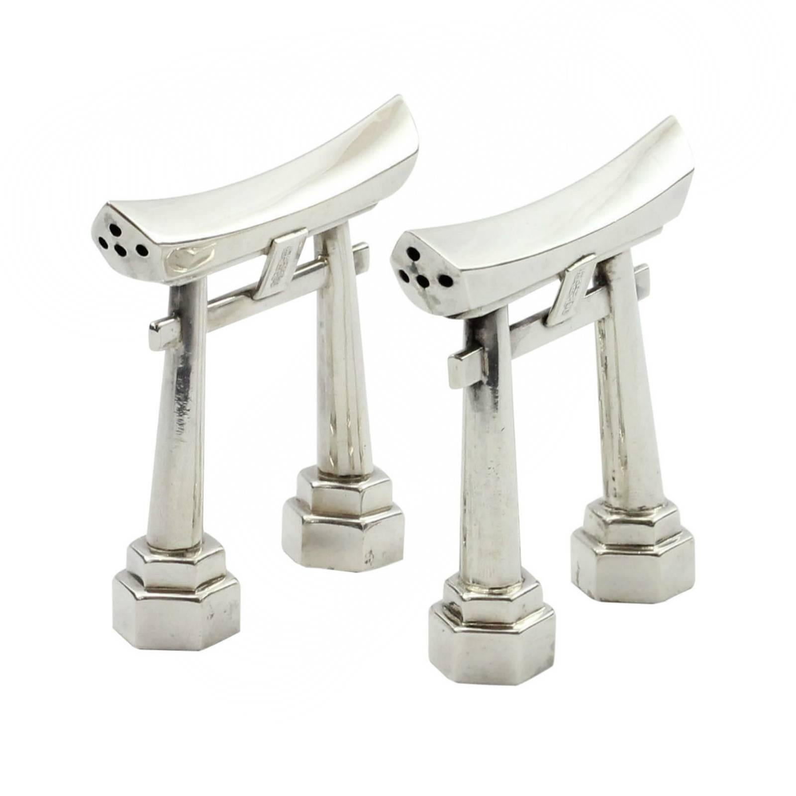 Cast Pair of Japanese .970 Silver Torii Gate Salt and Pepper Shakers