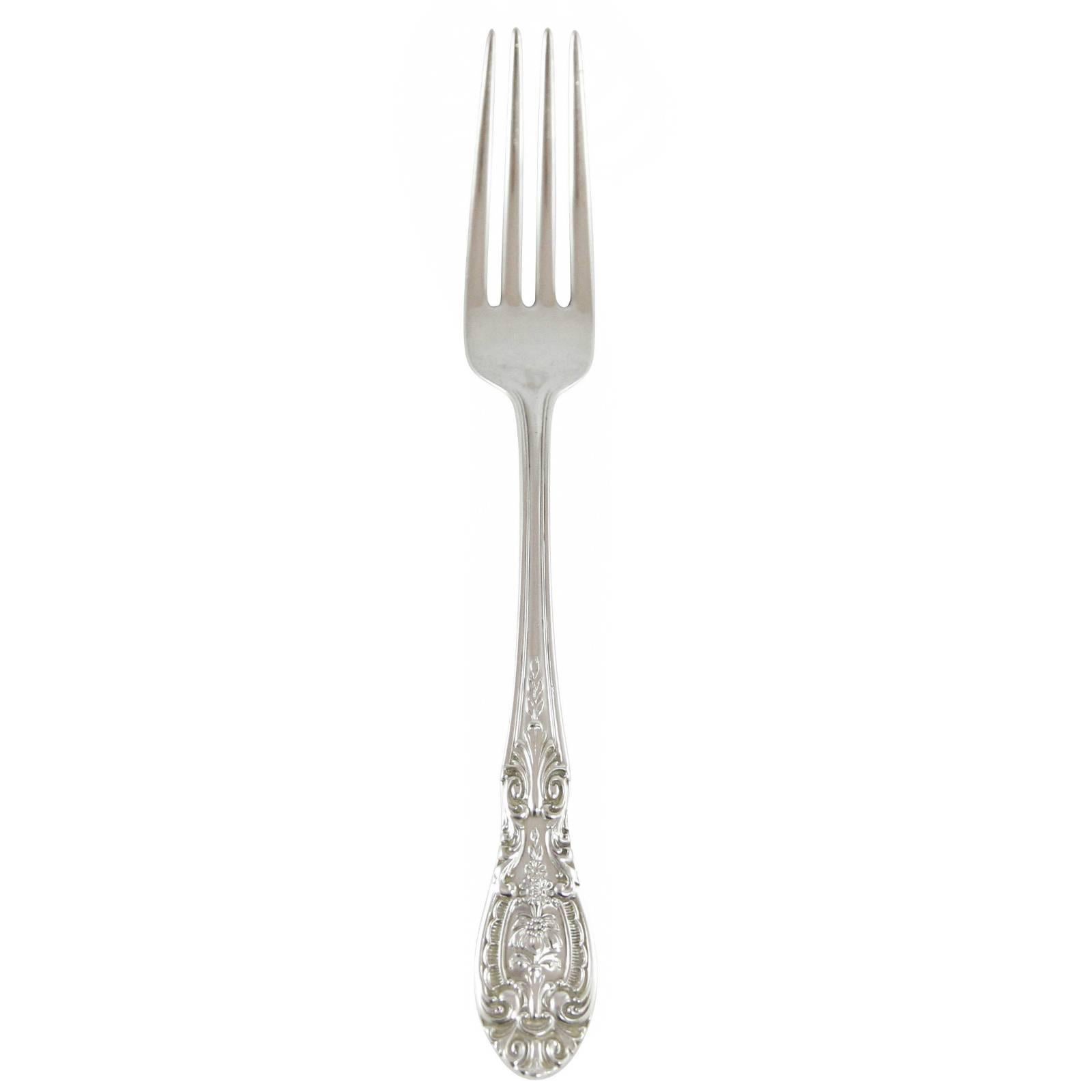 This very comprehensive set of sterling silver flatware is a complete seven-piece setting for 12 with many additional serving pieces and comes in a wooden canteen. 

Brooklyn, Illinois, United States.
First produced 1944. Seven-piece setting for