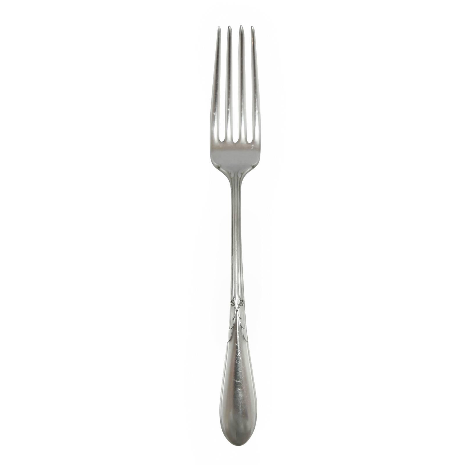 First produced in 1933, this elegant and refined set of sterling flatware captures the Art Deco era with its symmetrical streamlined decor. 

This 67 piece set contains:

12 main forks, 12 main knives, 12 tea spoons, 12 salad forks, seven butter