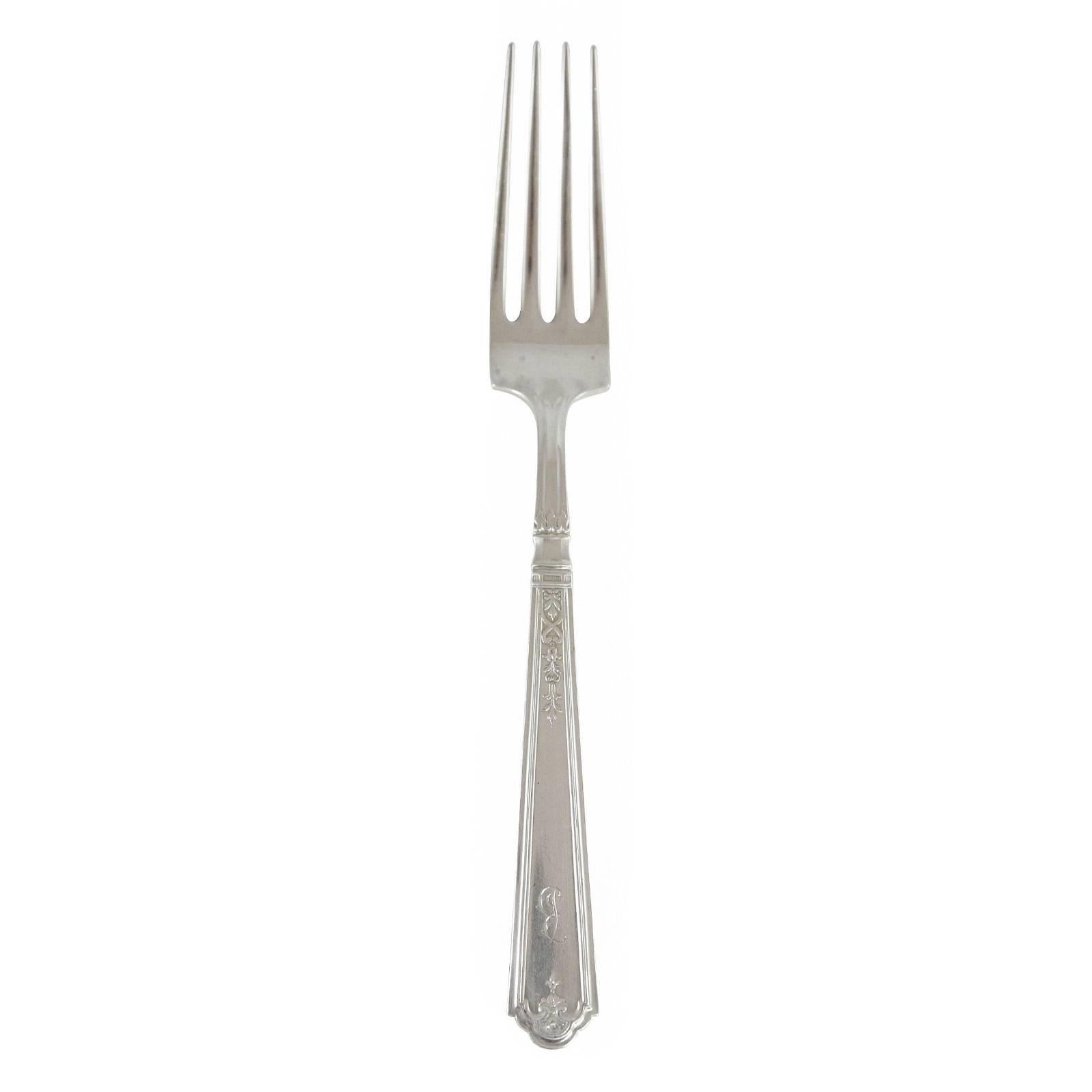 A sterling silver flatware set by Gorham in the ‘Princess Patricia’ pattern, as designed by Axel H. Staf. Princess Patricia was originally designed for William B. Durgin Co, a silver manufacturer which was purchased by Gorham in 1924. Durgin