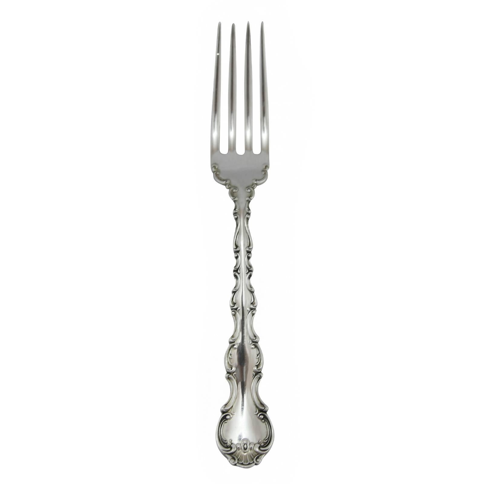 Rhode Island, United States. 77 Piece total, for a 6 piece setting for 12. First Produced 1897.

12 Dinner Knives, 12 Dinner Forks, 12 Tea Spoons, 12 Soup Spoons, 12 Butter Knives, 12 Salad Knives, 1 Baby Spoon/Tea Caddy, 1 Bon Bon Spoon, 1 Pickle