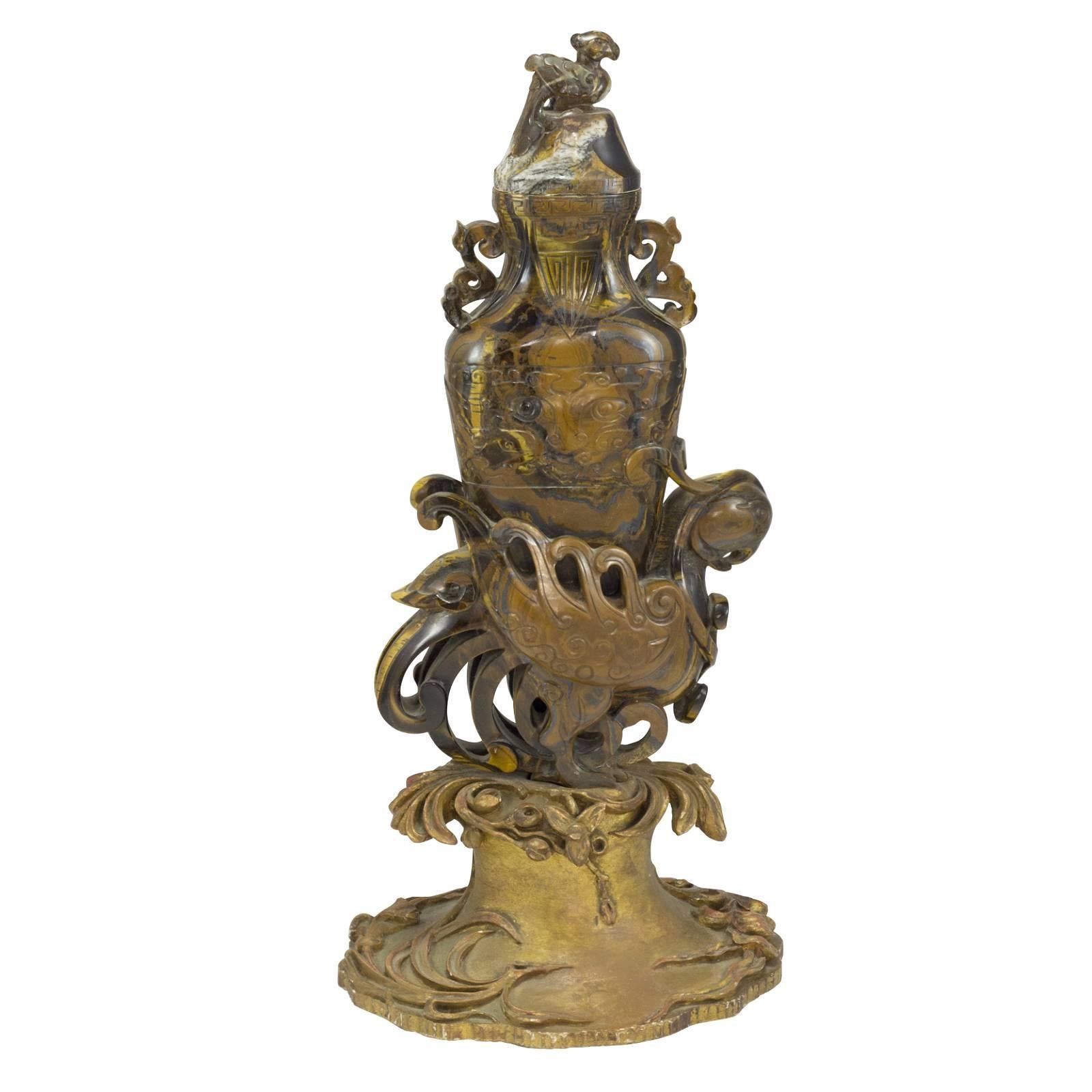 Qing Unusual 20th Century Chinese Carved Tiger's Eye Covered Vase For Sale