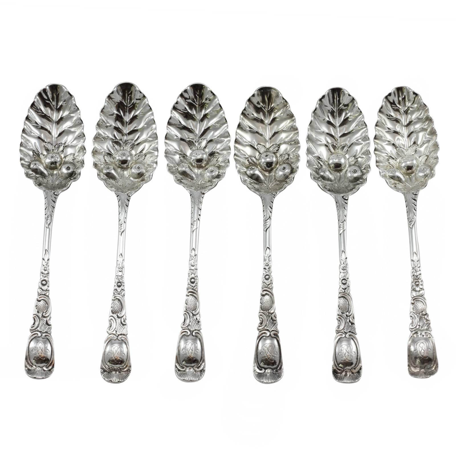 Set of Six Georgian Sterling Silver Old English Berry Spoons by Ebenezer Coker For Sale