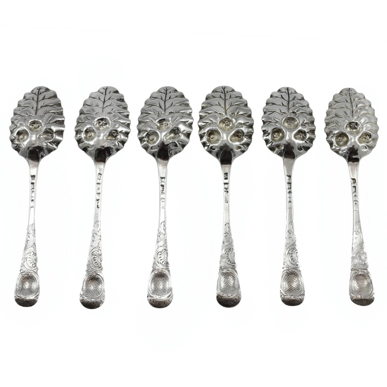 Set of six Georgian sterling silver ‘Old English’ style berry spoons by London based silversmith Ebenezer Coker.