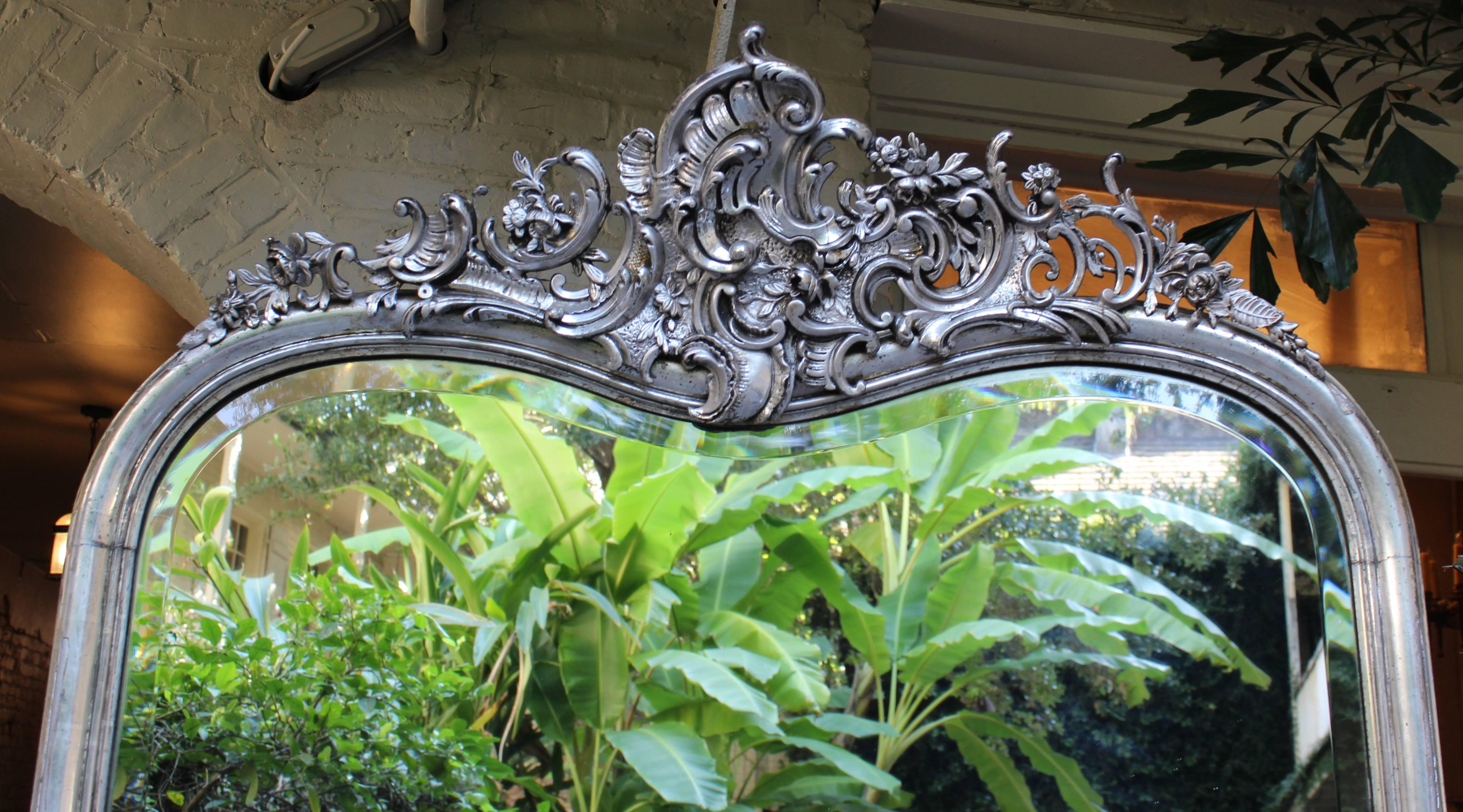 Carved Antique French 19th Century Silver Leaf Louis XV Mirror