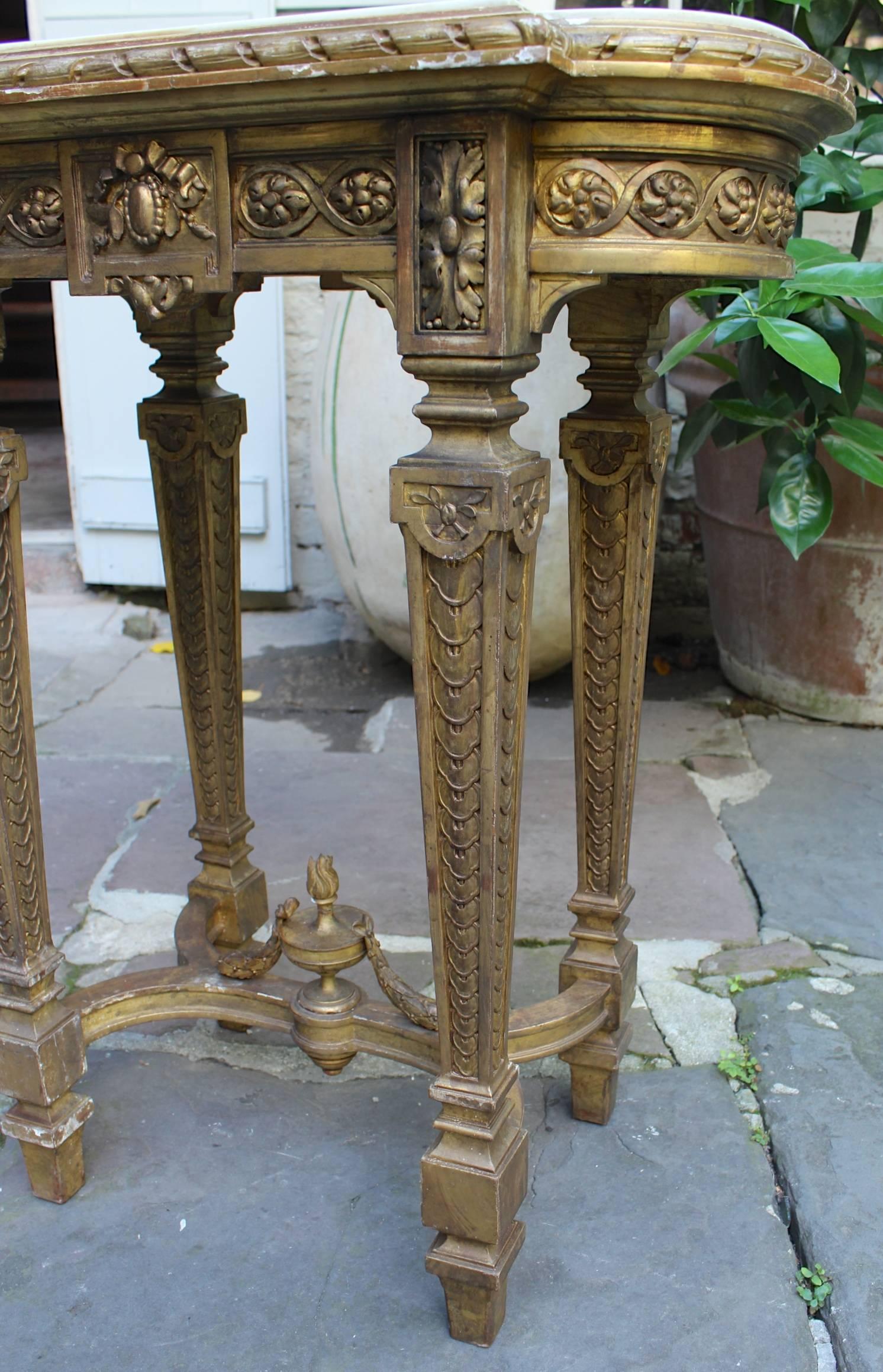 Hand-Carved Antique French Early 19th Century Gilded Louis XVI Console with Marble Top