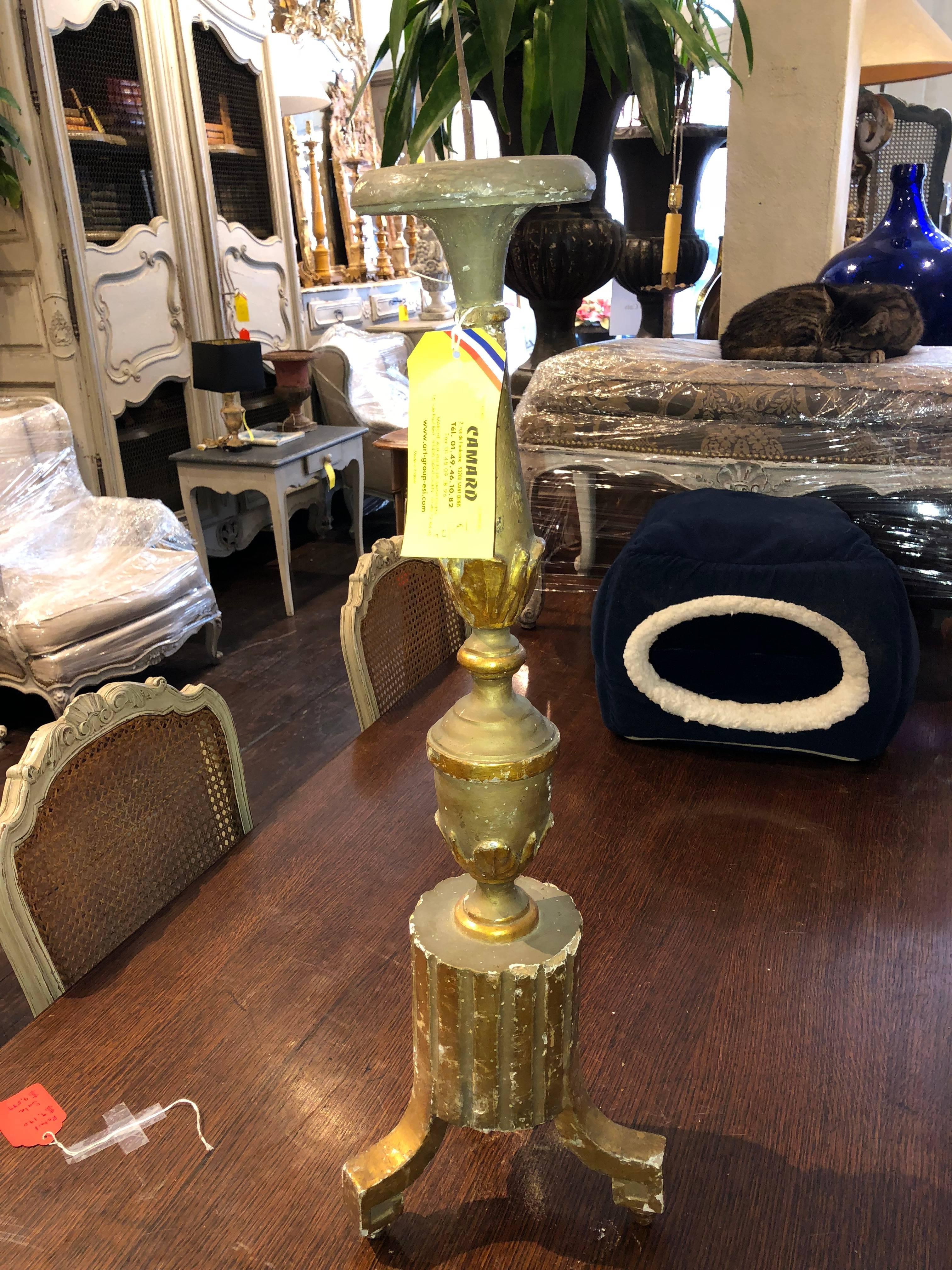 Gilt Complementary Antique French Altar Candlesticks For Sale