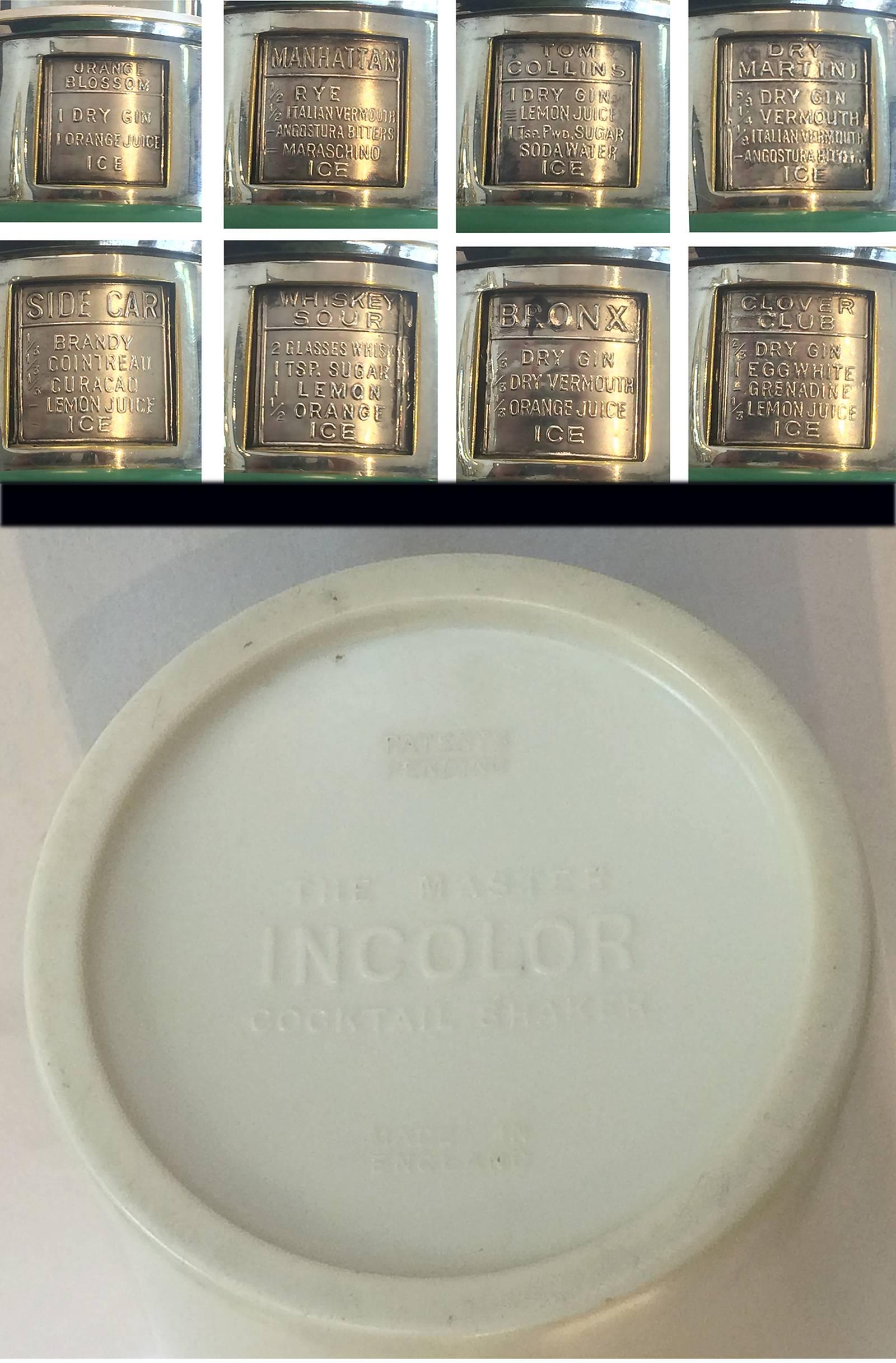 English Art Deco the Master Incolor Green White Bakelite Recipe Cocktail Martini Shaker