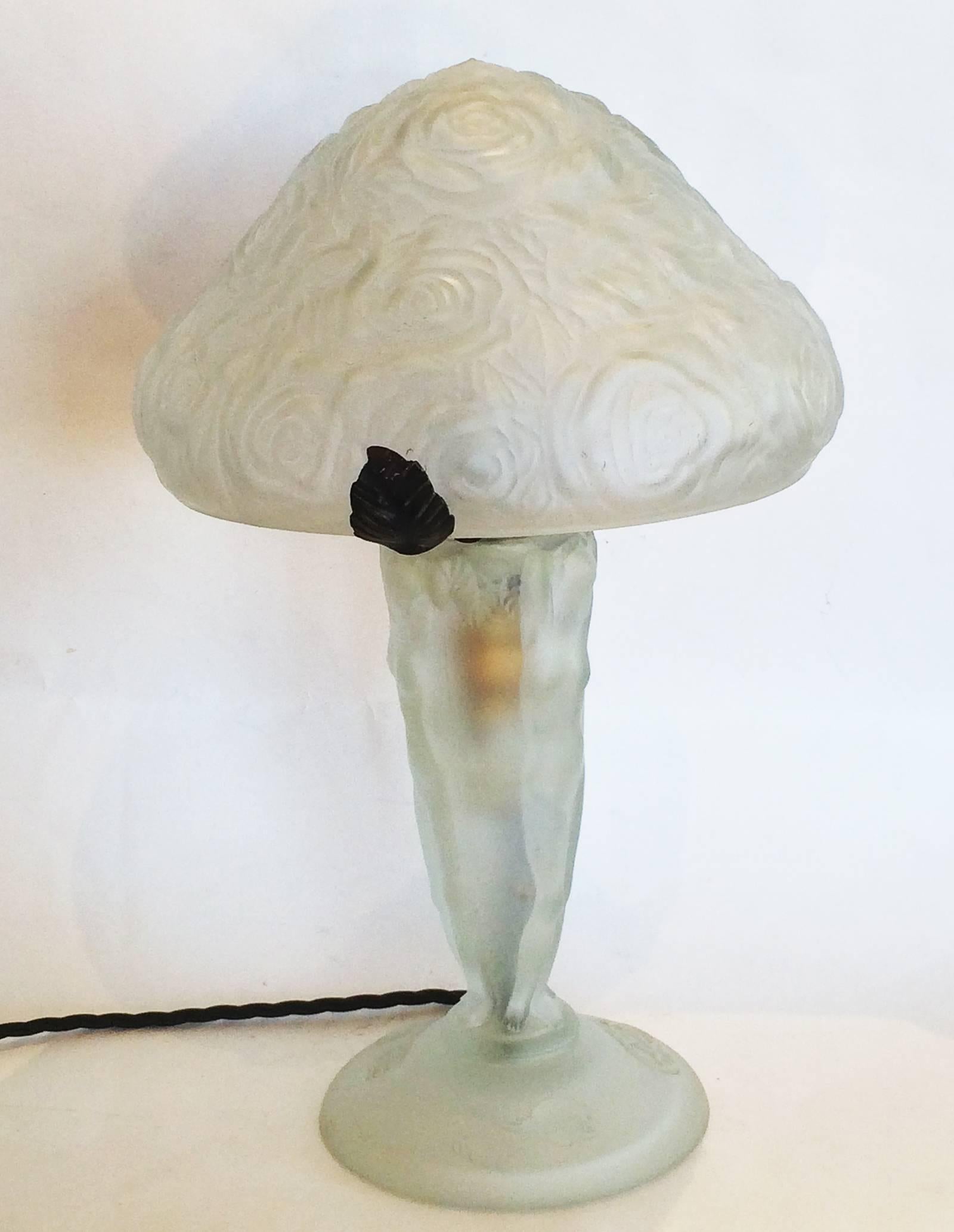 Art Glass Art Deco French Satin Glass Lamp with Lit Base of Nudes