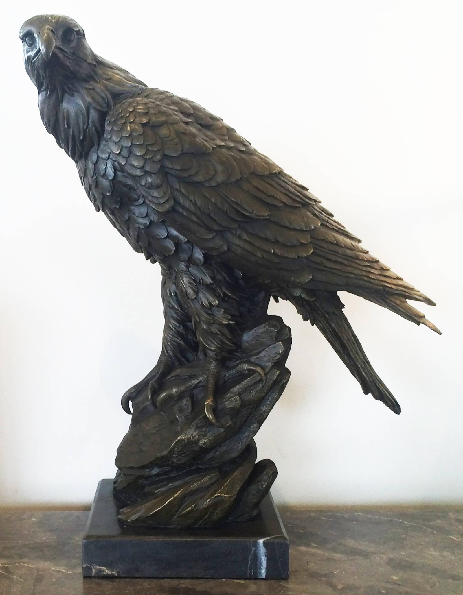 Antique grand bronze eagle by Antoine-Louis Barye 1796-1875. Finely detailed, signed, on a marble base. Dimensions are approximately: 50cm high, including marble plinth; Marble Plinth 19cm x 19cm x 4cm high, France.