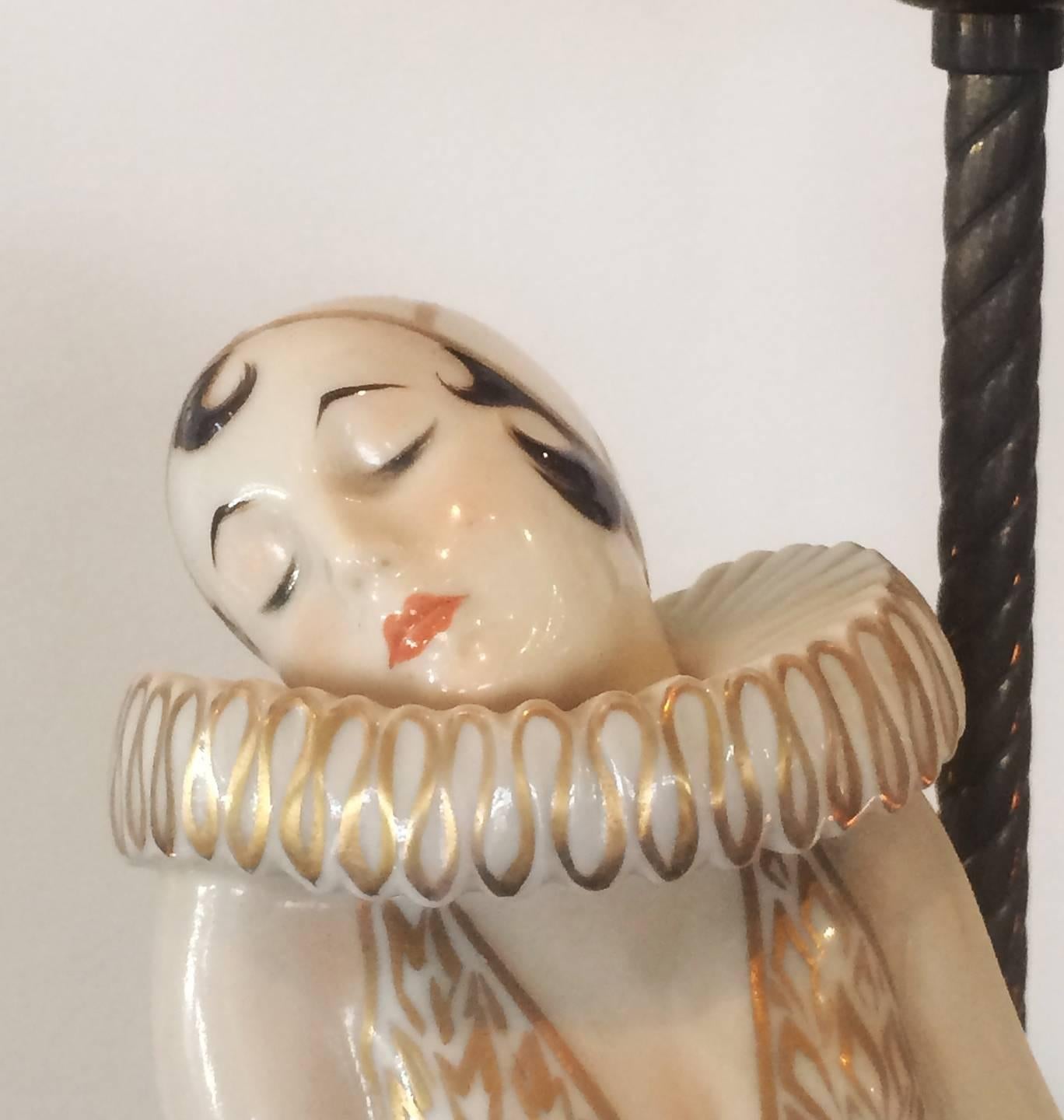 Art Deco huge Schwarzburger Werkstätten figural lamp designed by Wolfgang Schwartzkopfe, circa 1930. The figure is of Pierrot holding onto Columbine. The inside of the base has the impressed and printed Schwarzburger Werkstätten marks and outside