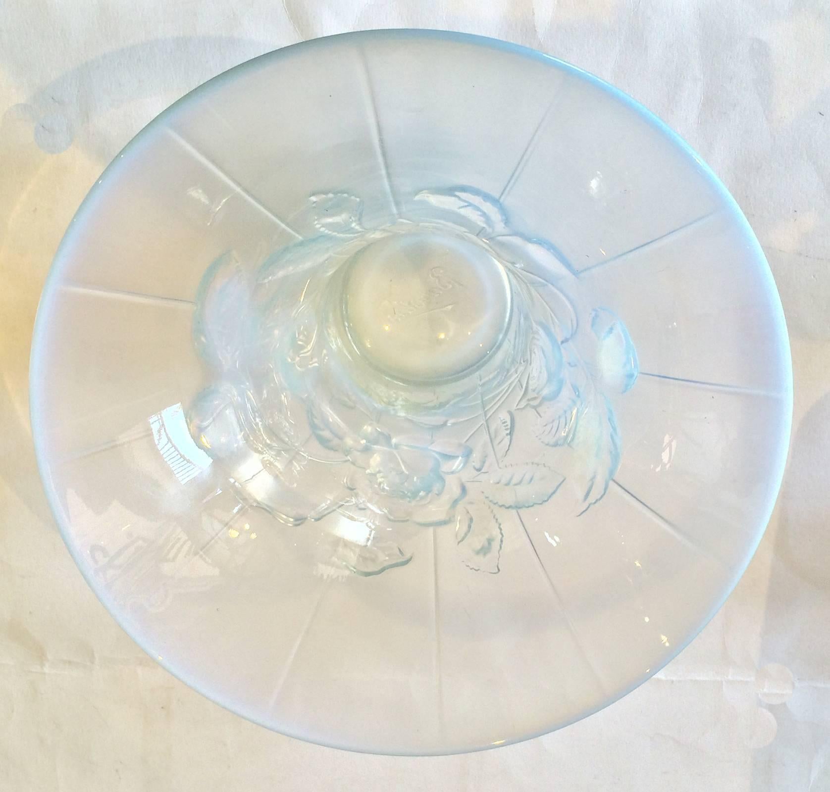 Art Deco Opalescent Basket Vase by Barolac, Czechoslovakia, featuring Roses and leaves in various forms, buds to fully open flowers. Raised signature to base, within a high, raised, concave pontil, having opalescence all over, more concentrated