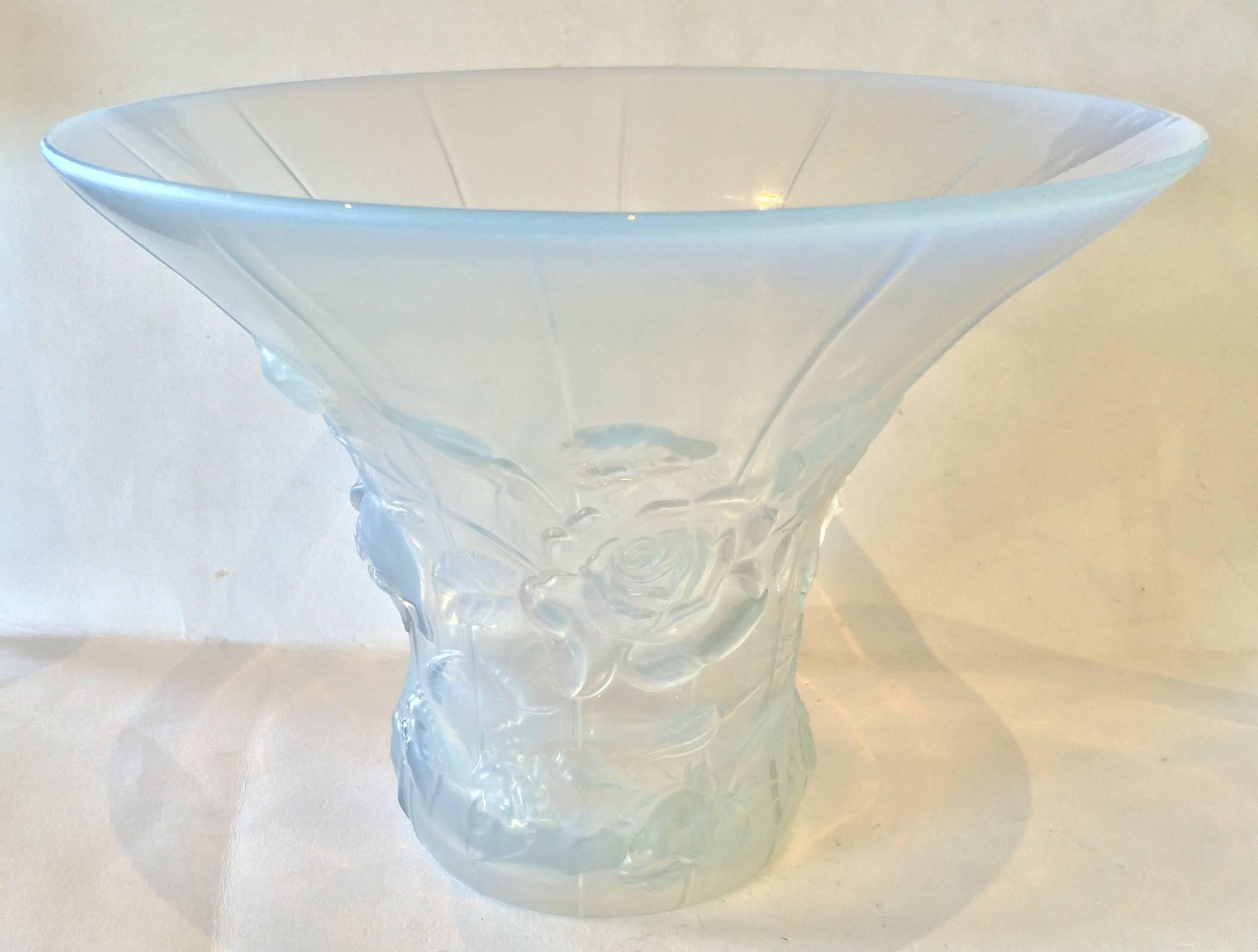 Art Deco basket of flowers opalescent glass vase by Barolac