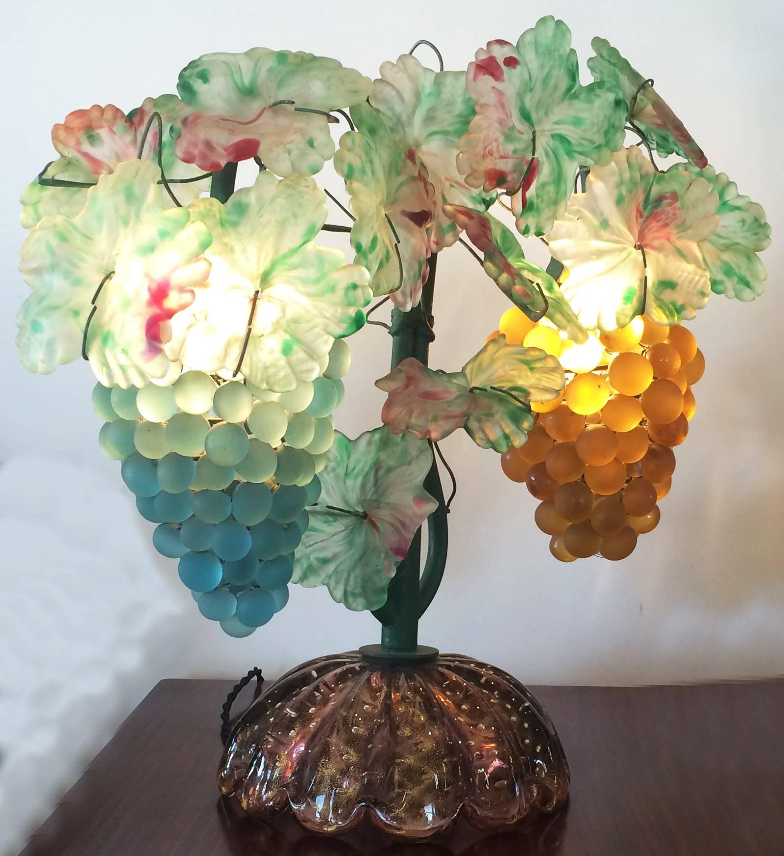 Art Deco rare Murano/Venetian Lamp with two bunches of grapes of two colors, and vine leaves, based on a fluted, domed base with gold detail. Magnificent Art Glass capturing the perfect image of the vine and fruits. Dimensions are approximately :