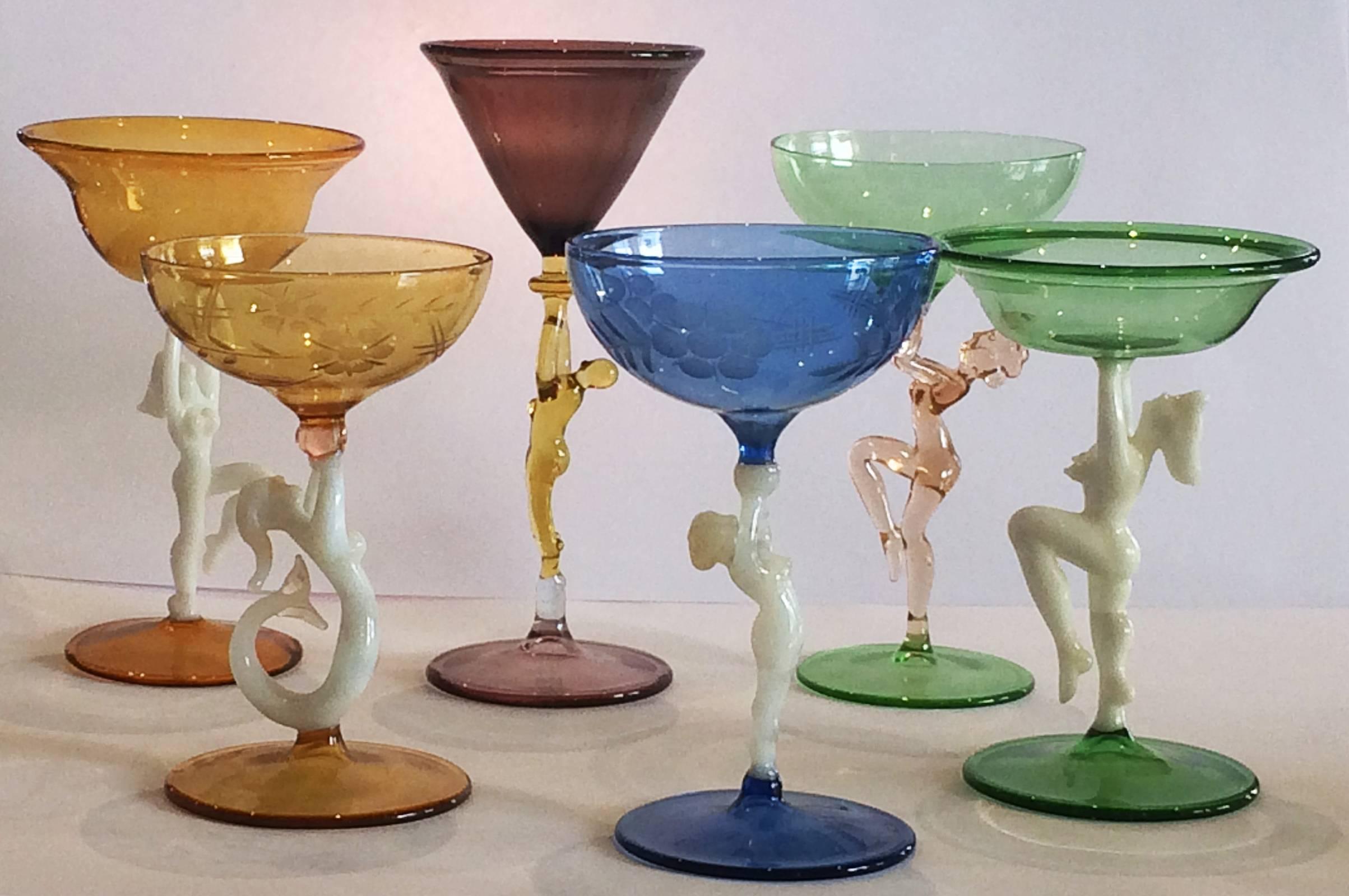 Art Deco Austrian Bimini Harlequin set of six glasses plus decanter. A great set illustrating the variety of this Art Glass and that none of these designs are exactly the same; each set being crafted by each individual Designer. This group is