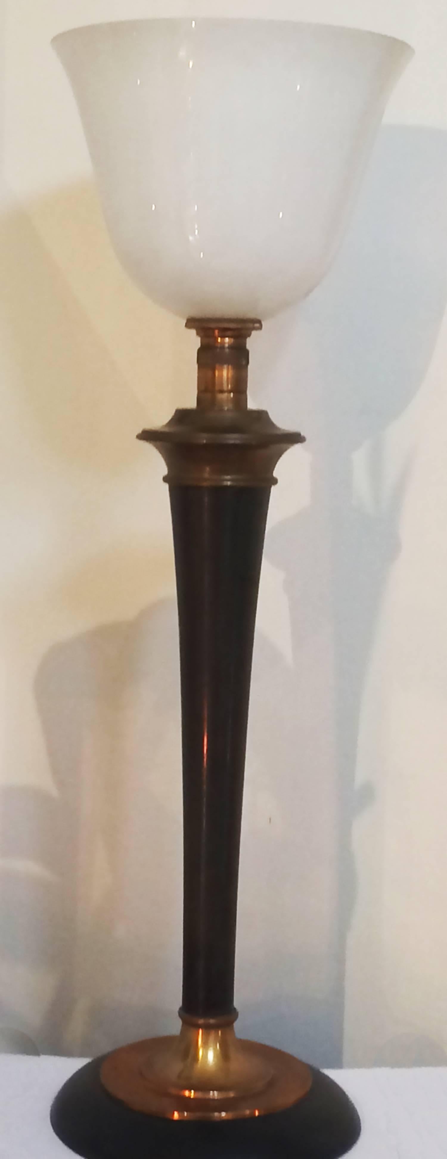 Art Deco uplighter lamp by Mazda, original factory markings to the glass, with original copper lamp components and switch mechanisms are still intact. It has been converted to a 12Volt system, with the converter from 240 V to 12V, at the wall plug,