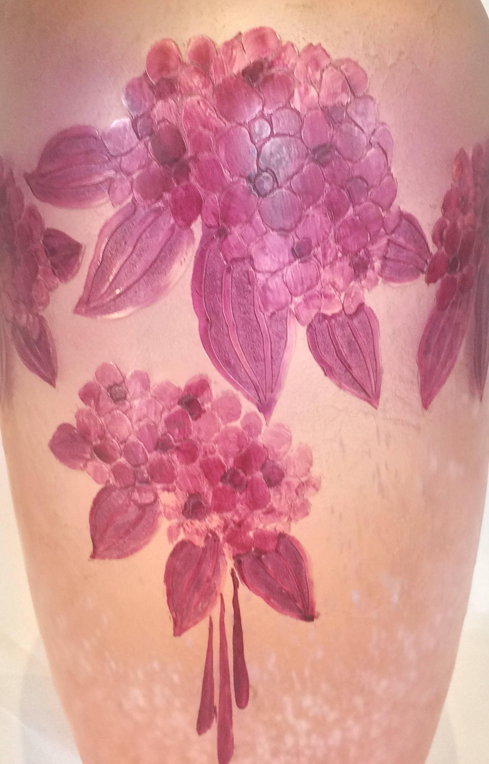 Art Deco, huge vase by “Legras” signed to the rear. A massive piece, probably the largest of his productions, with intricate detail of the Hydrangea flower, that they are look lifelike. Great colors in enamel, over the wheel cut designs, and dished