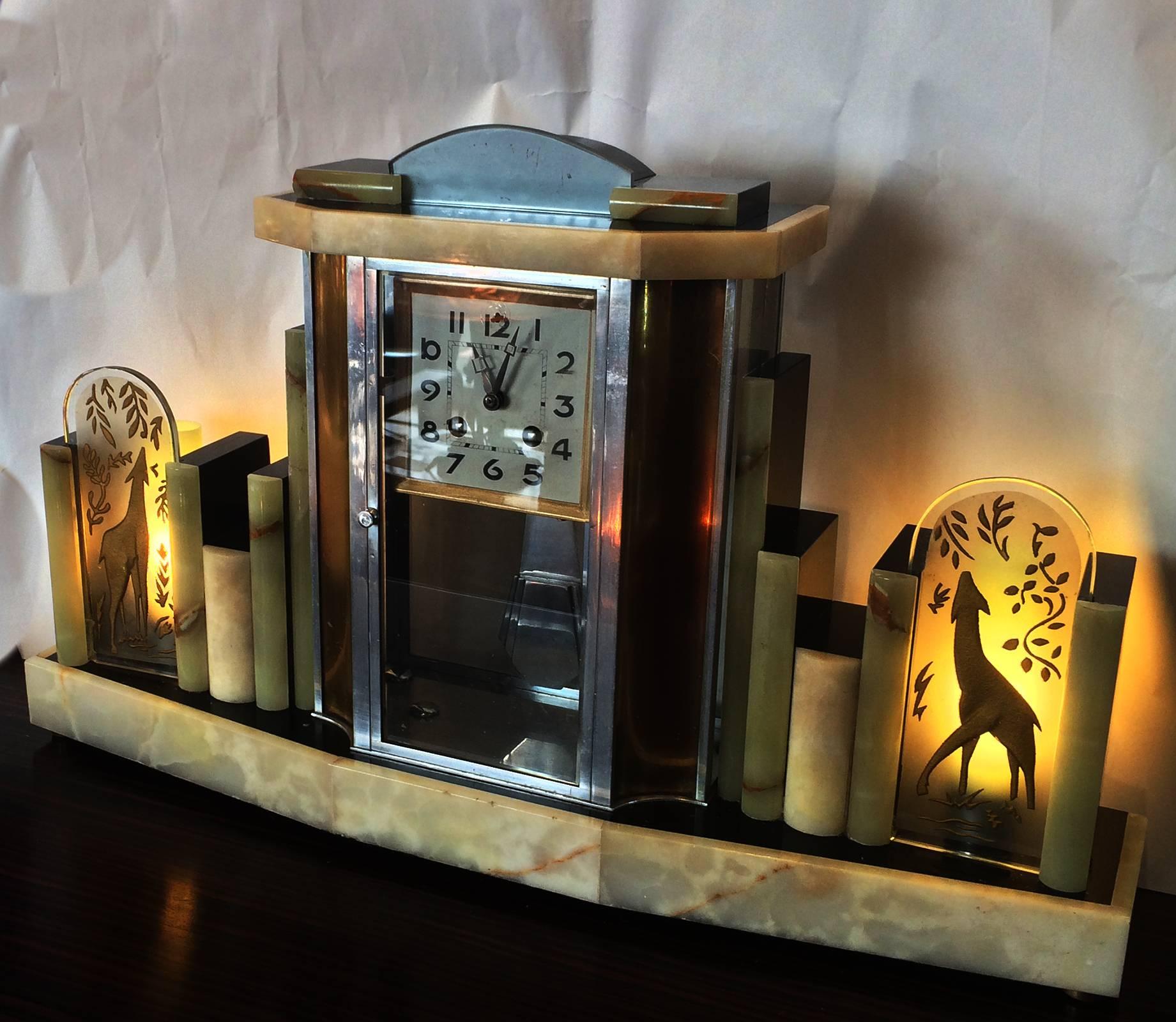 Mid-20th Century Rare Art Deco French Clock with Lamps