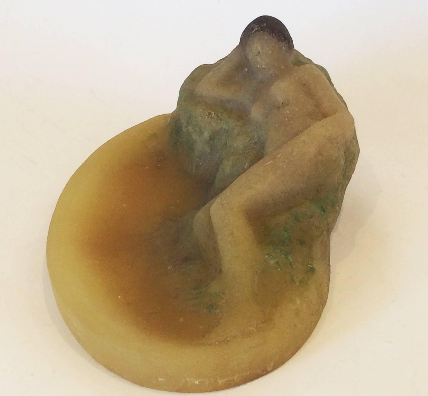 Walter Almalric and Joe Descomps-Cormier Pate de Verre, nude woman, reclining at lake edge. All in totally original condition with no chips, no cracks, no repairs, only original inclusions and internal bubbles to glass, some open to base. Having