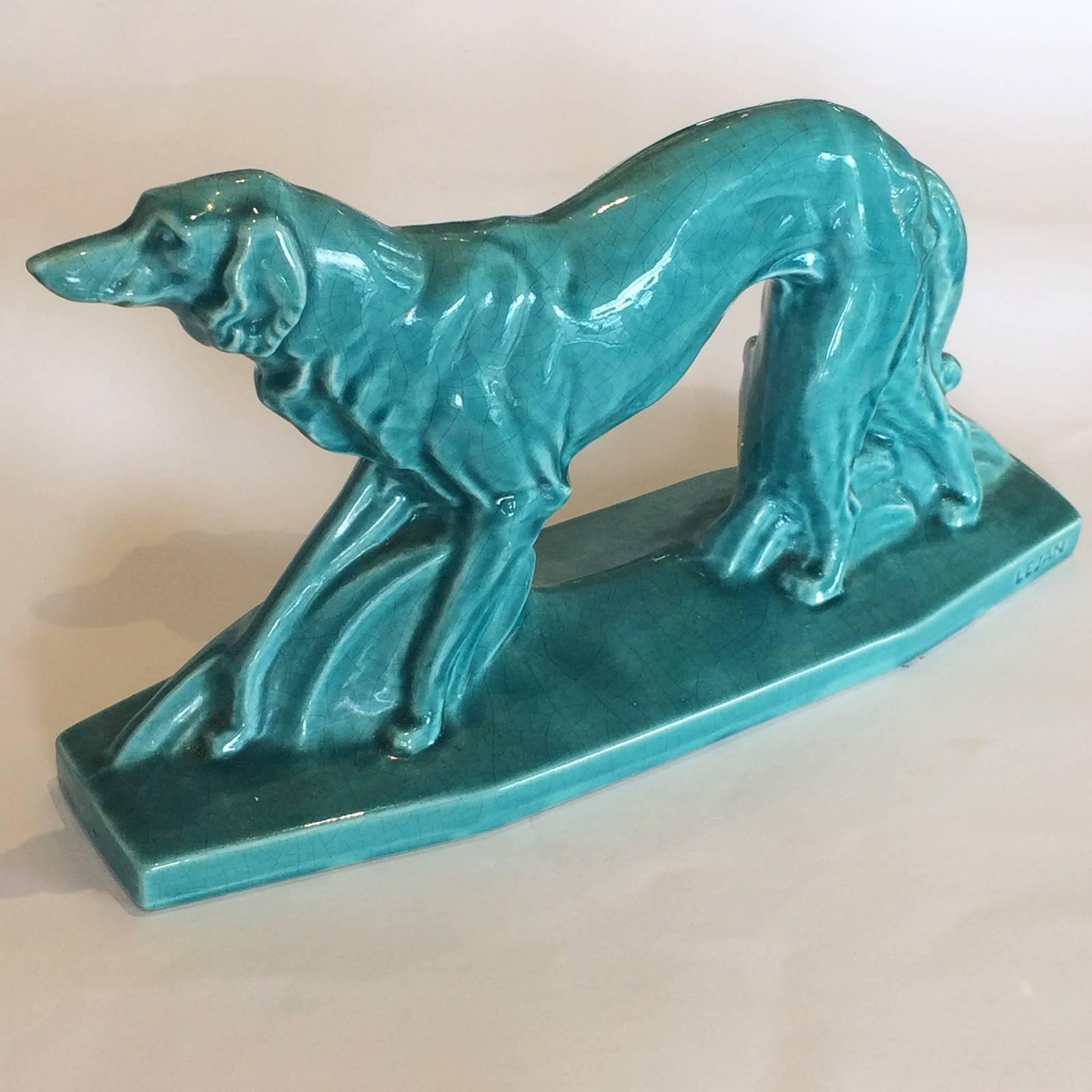 French Craquele Figure of a Borzoi the Art Deco Dog Signed by LeJan In Excellent Condition In Daylesford, Victoria